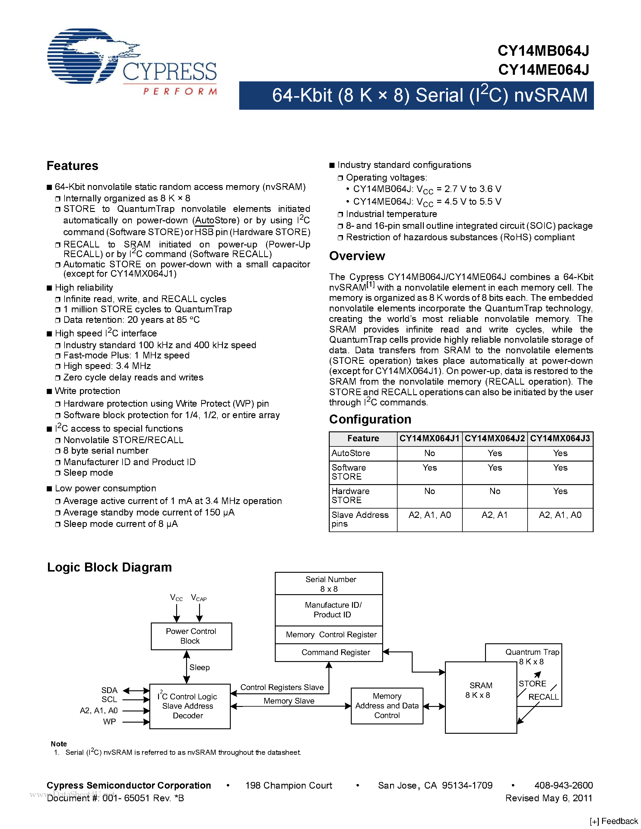 Даташит CY14MB064J - 64-Kbit (8 K x 8) Serial (I2C) nvSRAM страница 1