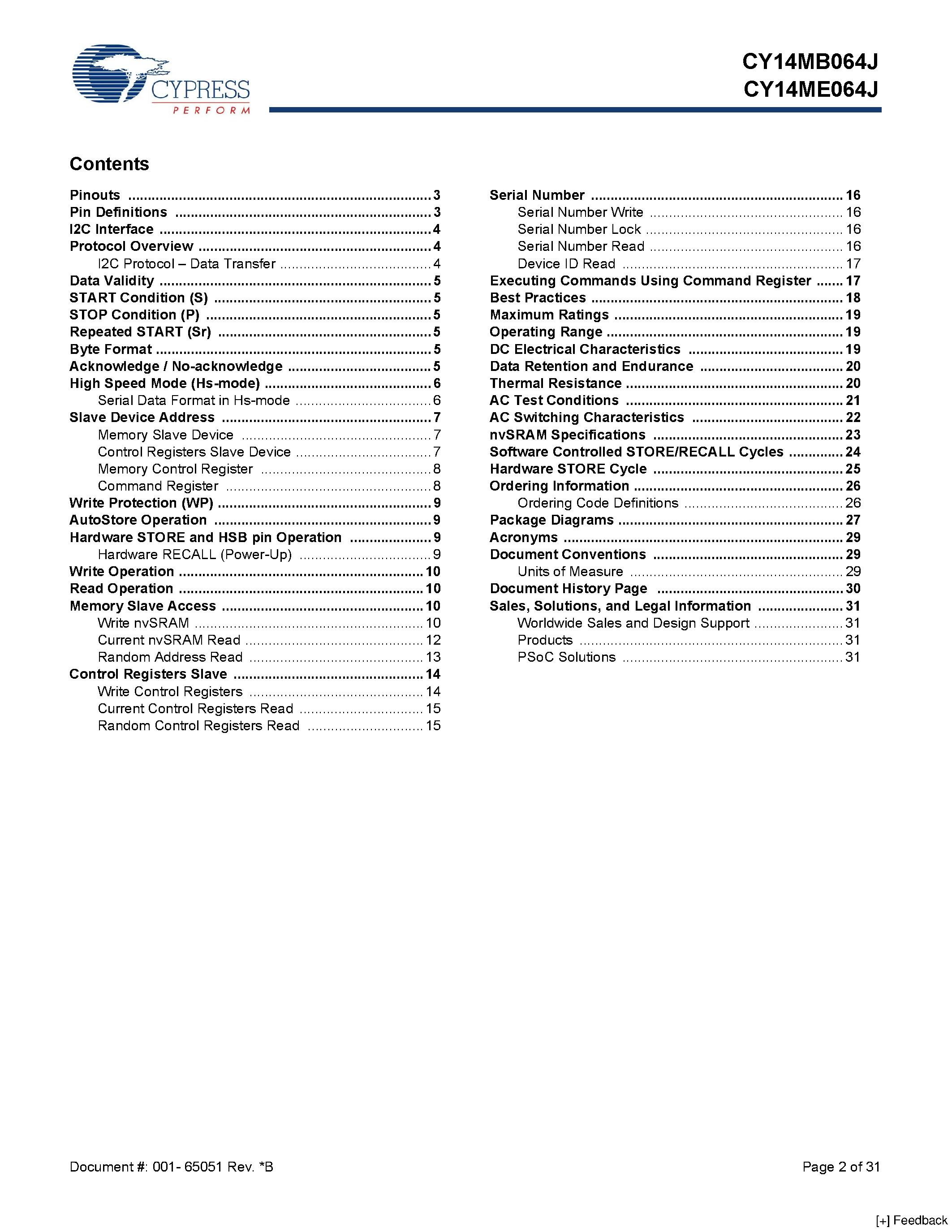 Даташит CY14MB064J - 64-Kbit (8 K x 8) Serial (I2C) nvSRAM страница 2