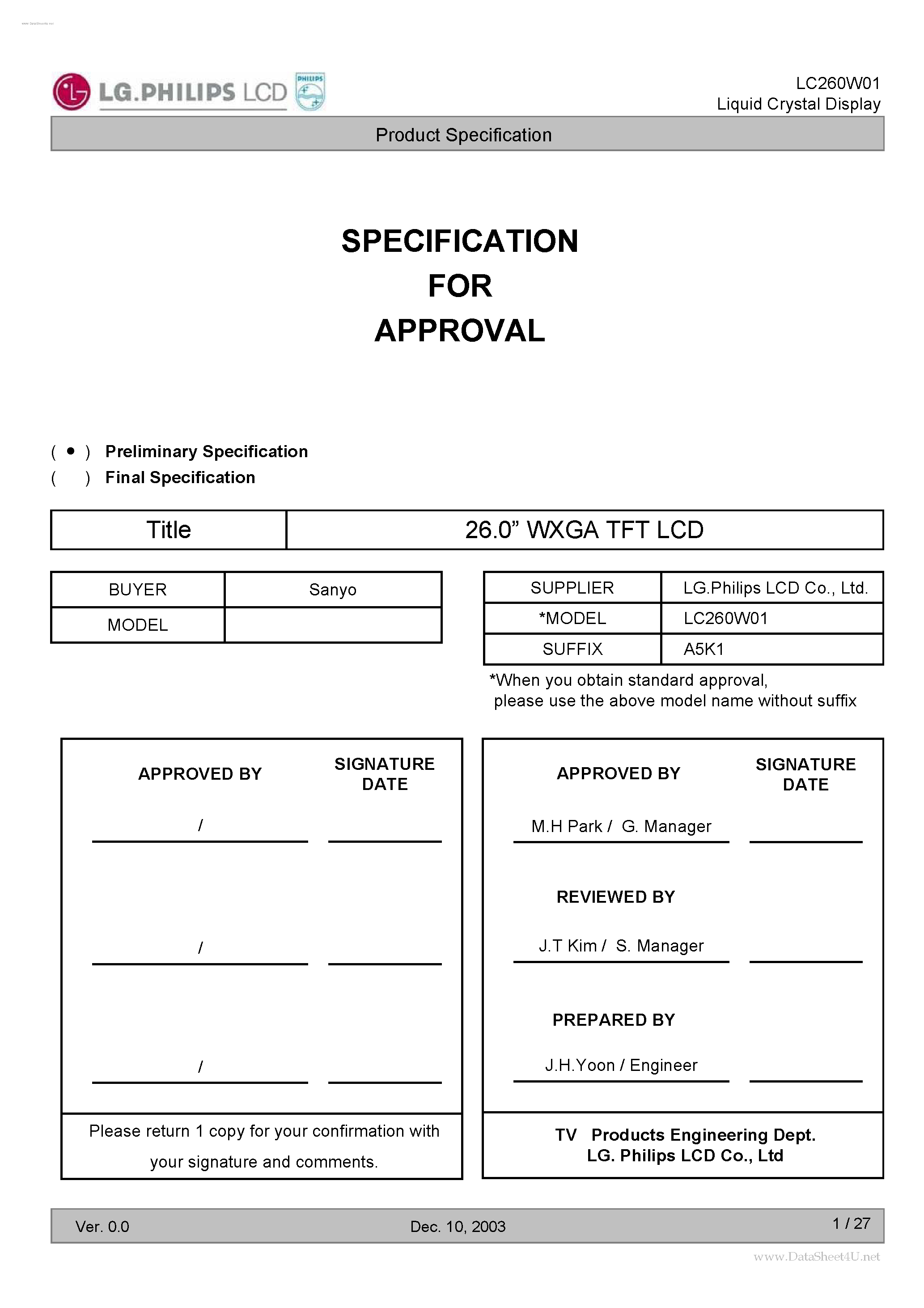 Datasheet LC260W01 - LCD Module page 1