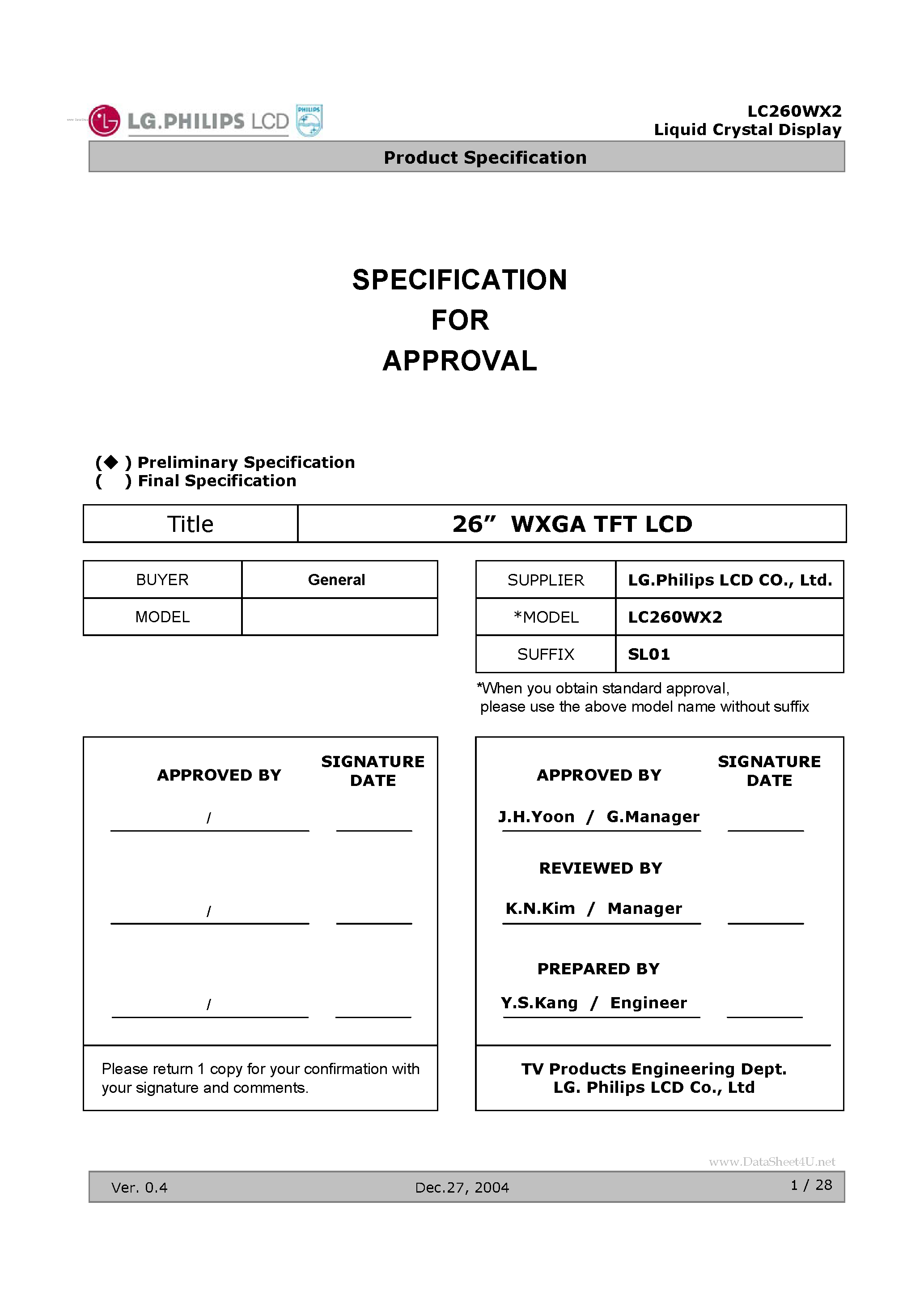 Datasheet LC260WX2-SL01 - LCD Module page 1