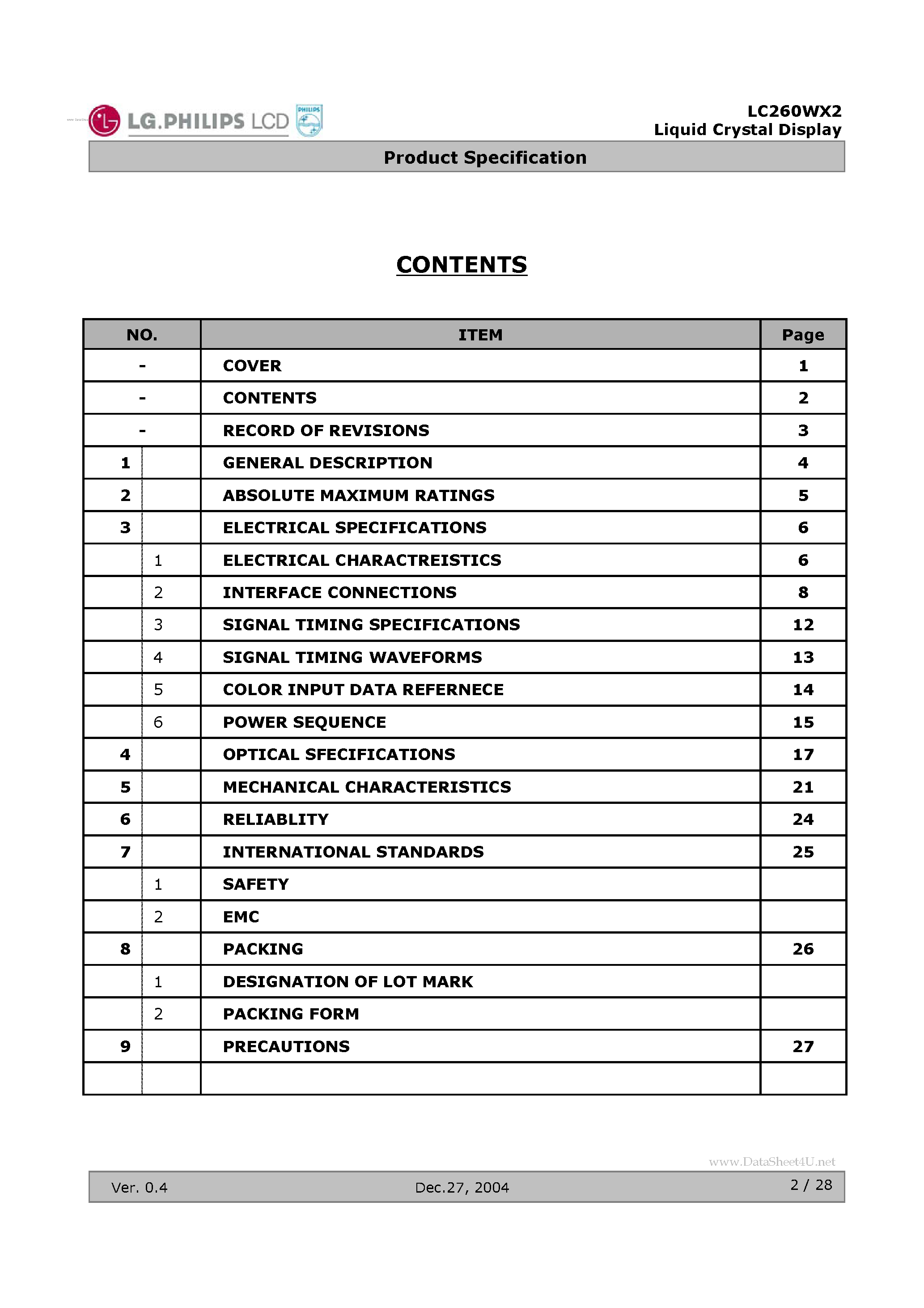 Datasheet LC260WX2-SL01 - LCD Module page 2