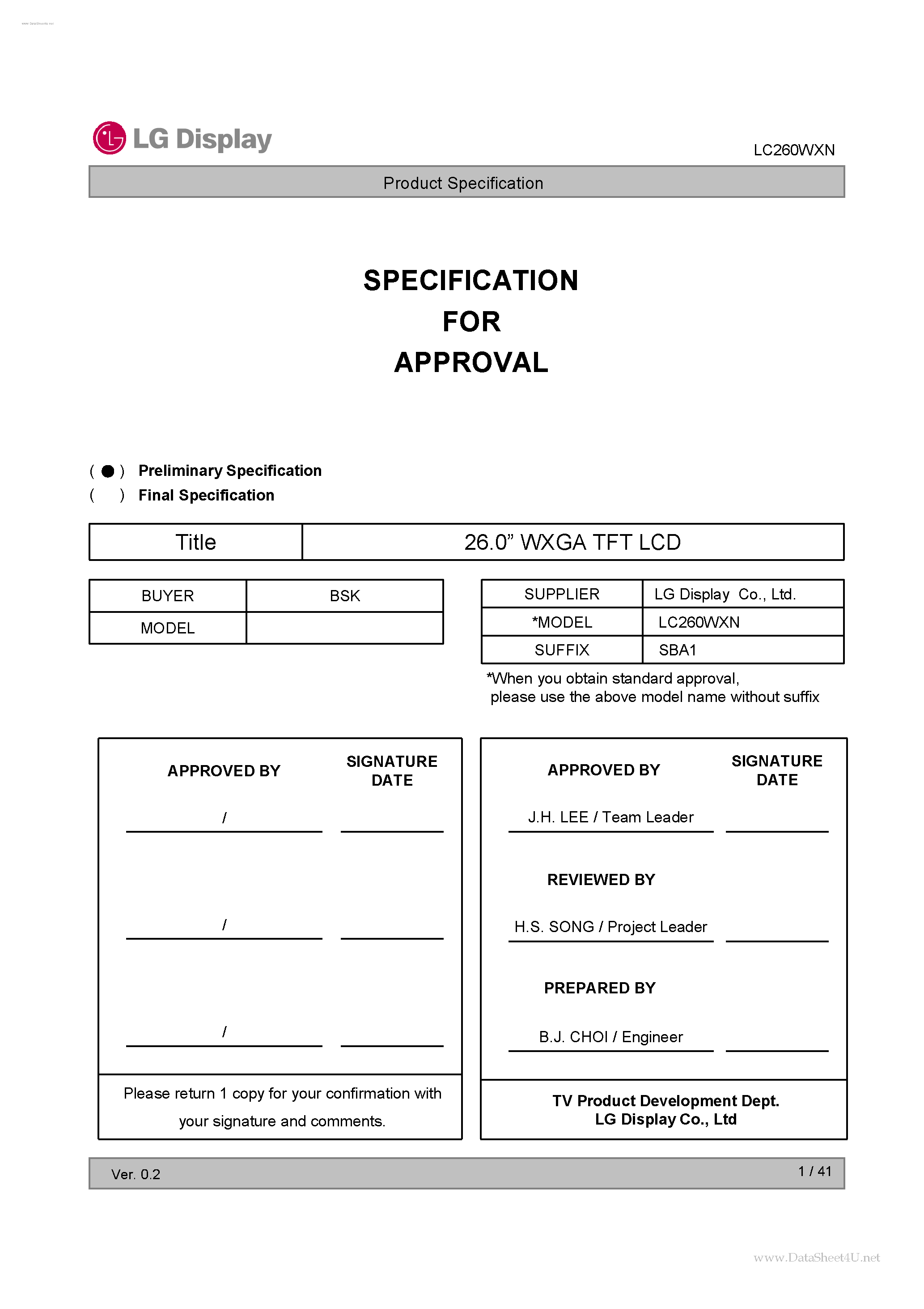 Datasheet LC260WXN-SBA1 - LCD Module page 1