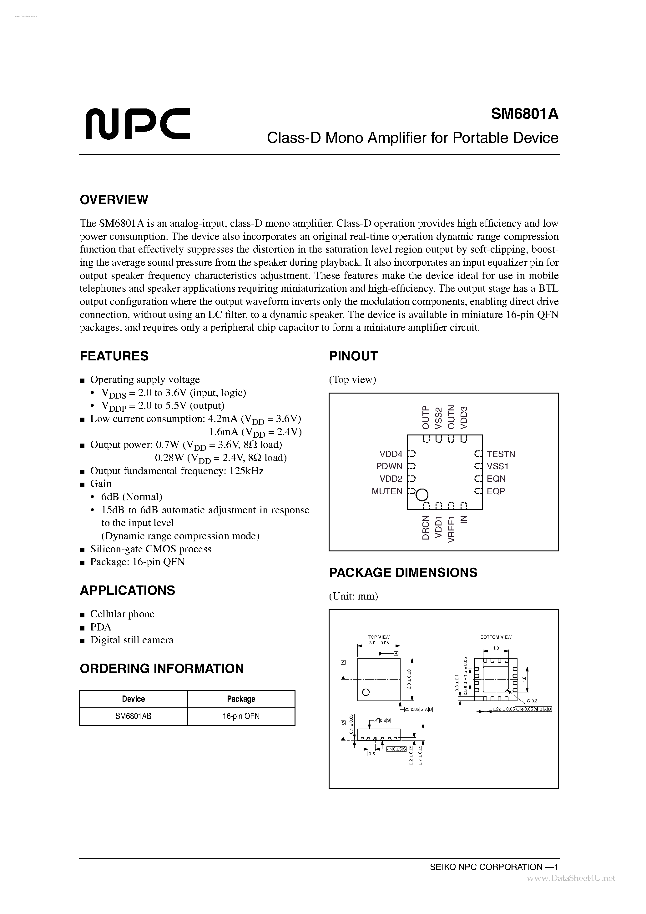 Datasheet SM6801A - Class-D Mono Amplifier page 1