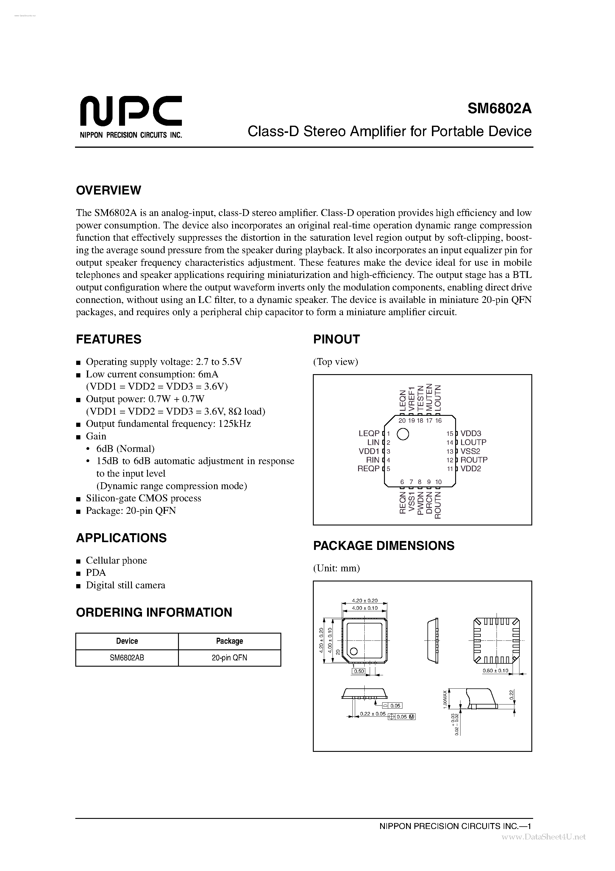 Datasheet SM6802A - Class-D Stereo Amplifier page 1