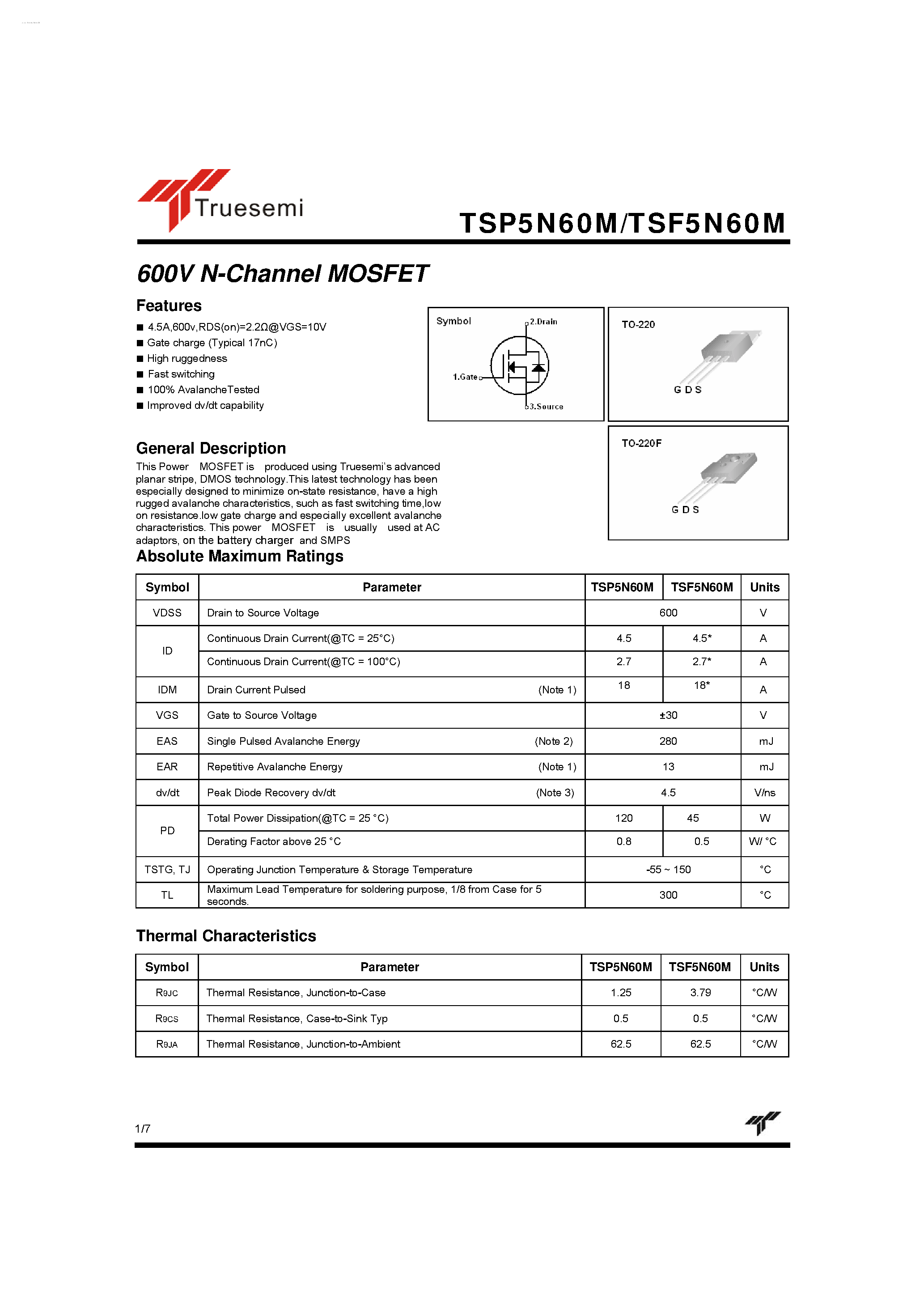 Даташит TSP5N60M - 600V N-Channel MOSFET страница 1