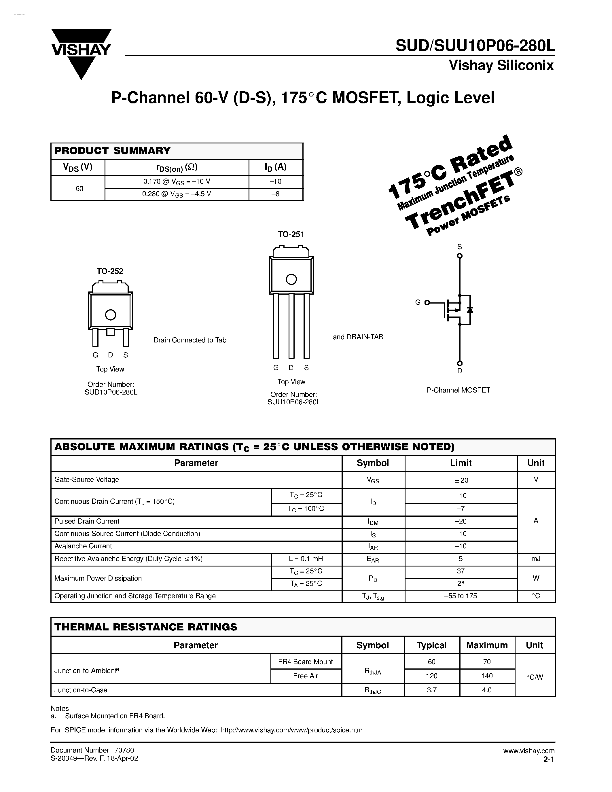 Даташит SUU10P06-280L - P-Channel MOSFET страница 1