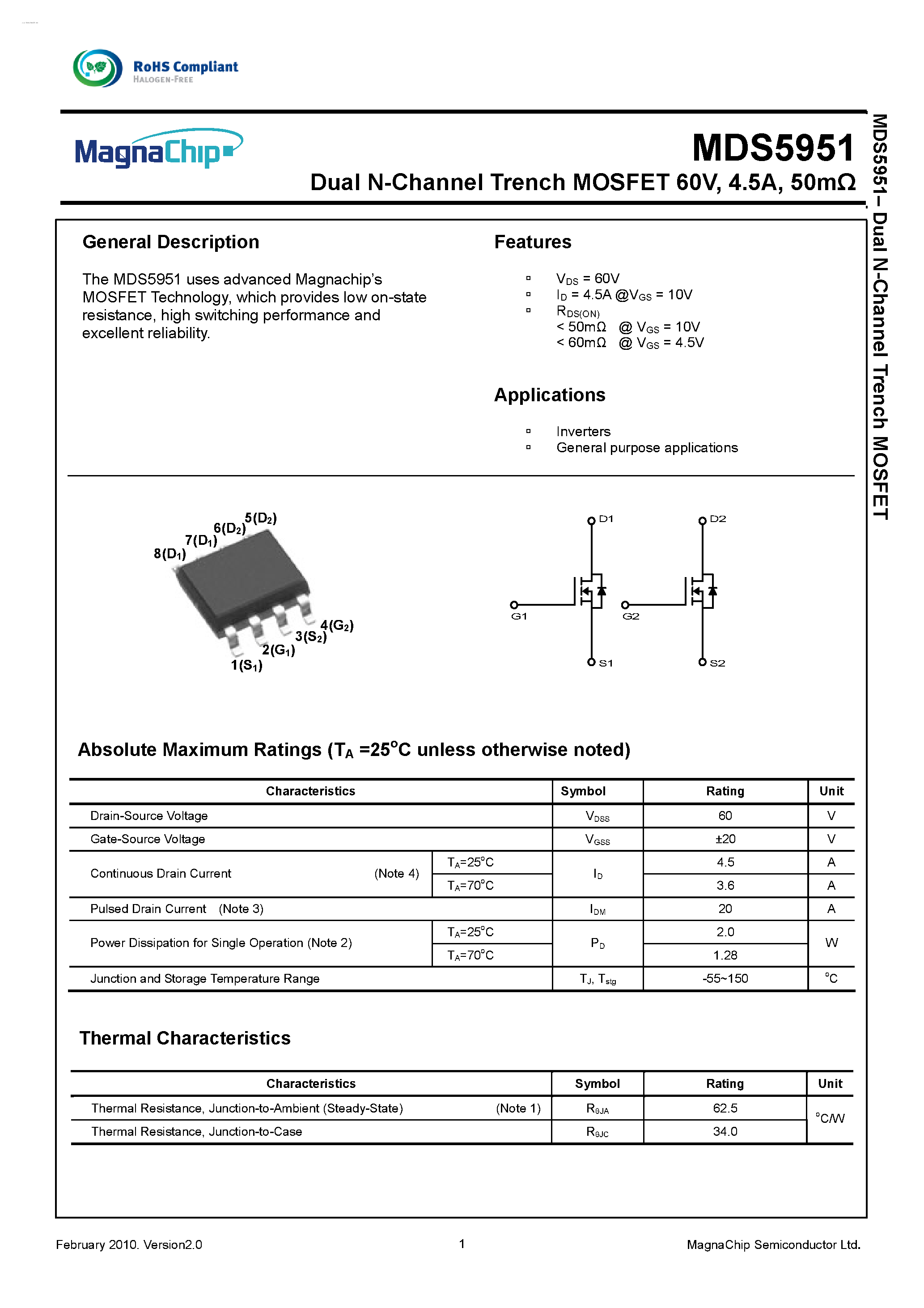 Datasheet pdf. Mds2659 Datasheet. Mds2659 MOSFET. Dual n-channel. Trench MOSFET.