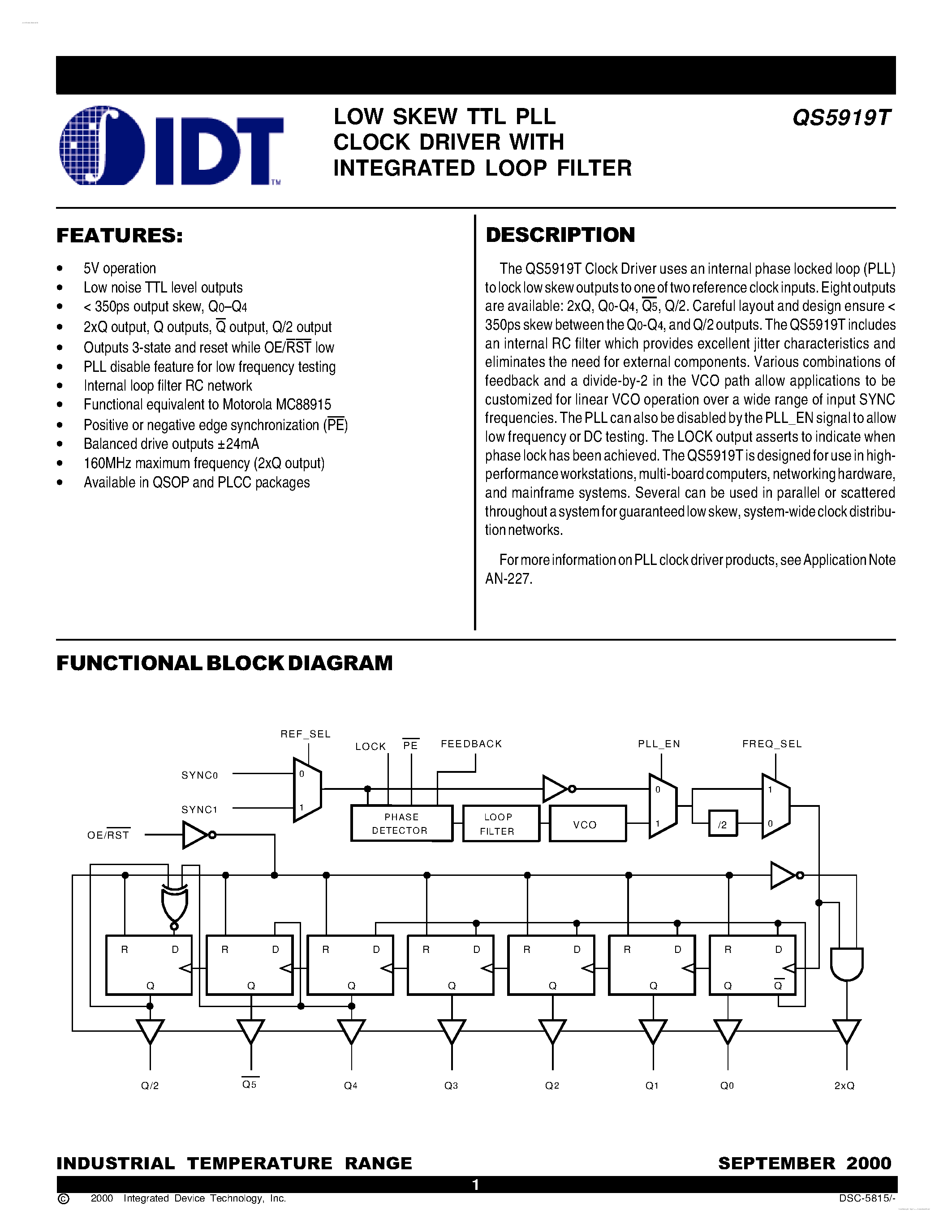 Даташит QS5919T - LOW SKEW TTL PLL CLOCK DRIVER страница 1