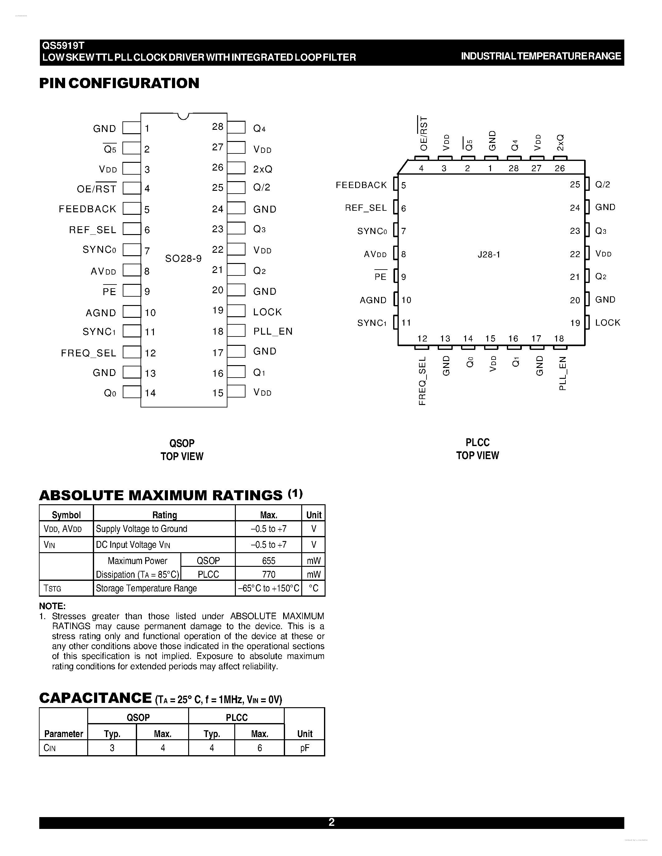 Даташит QS5919T - LOW SKEW TTL PLL CLOCK DRIVER страница 2