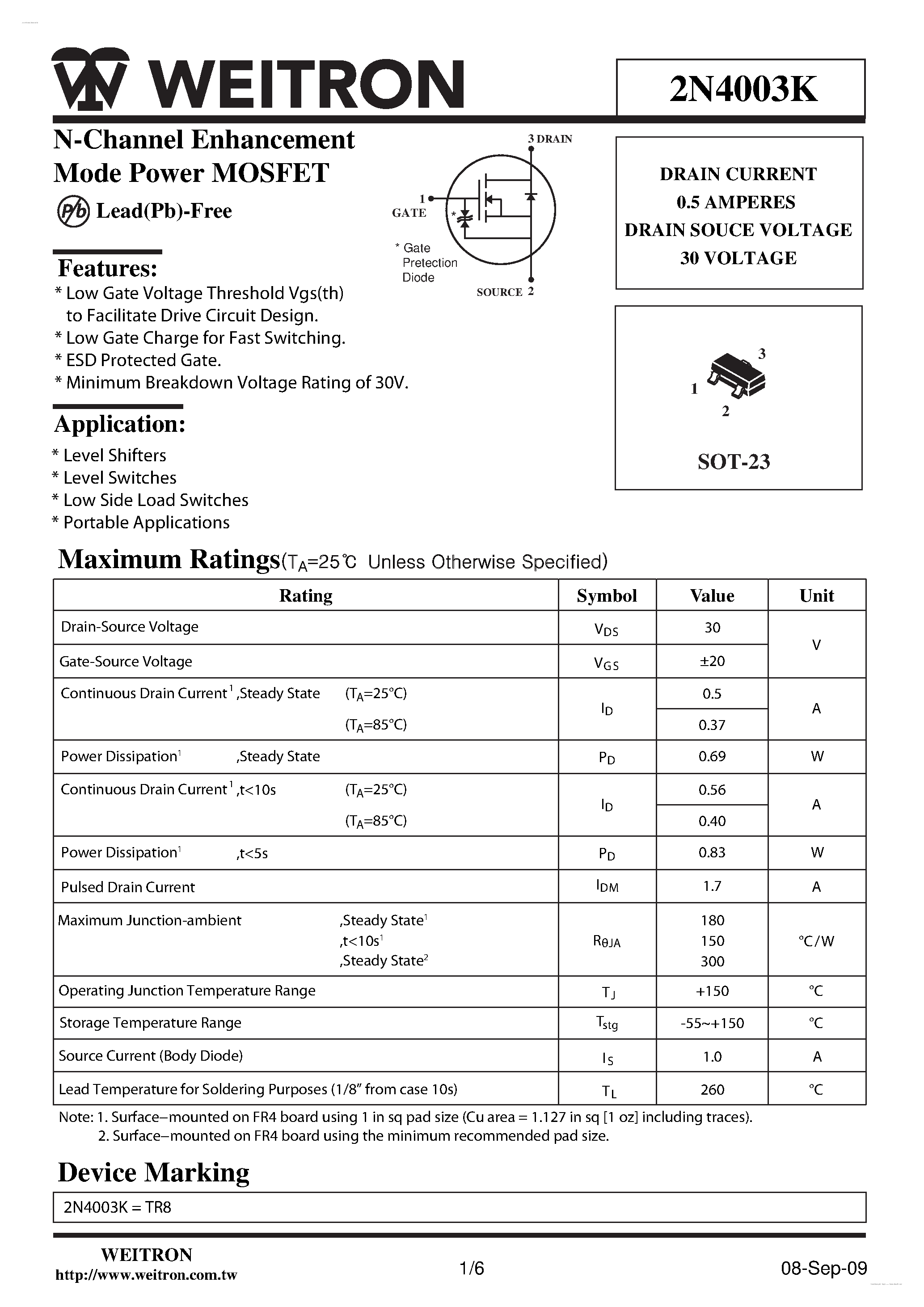 Даташит 2N4003K - N-Channel Enhancement Mode Power MOSFET страница 1