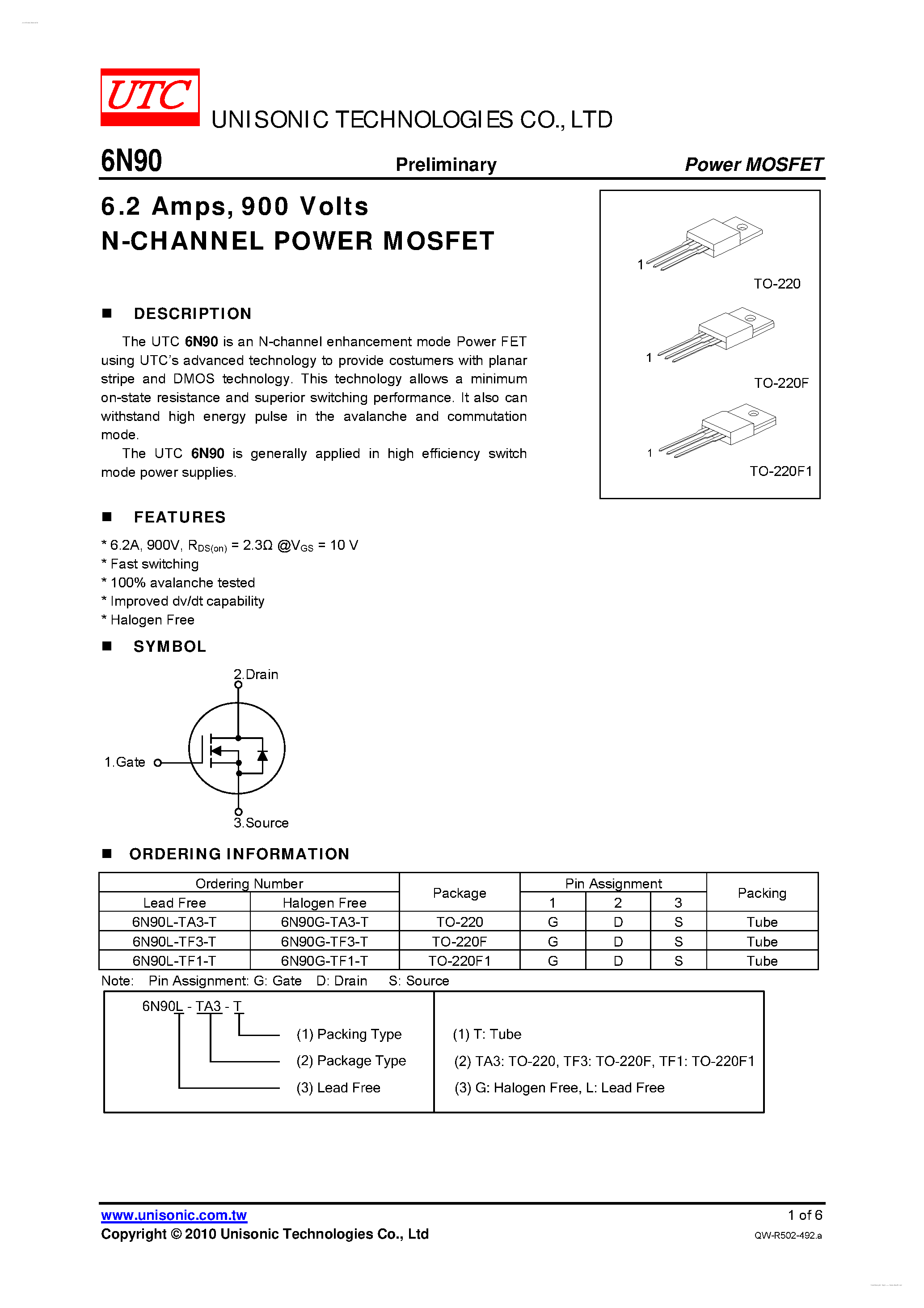 Даташит 6N90 - 900 Volts N-CHANNEL POWER MOSFET страница 1