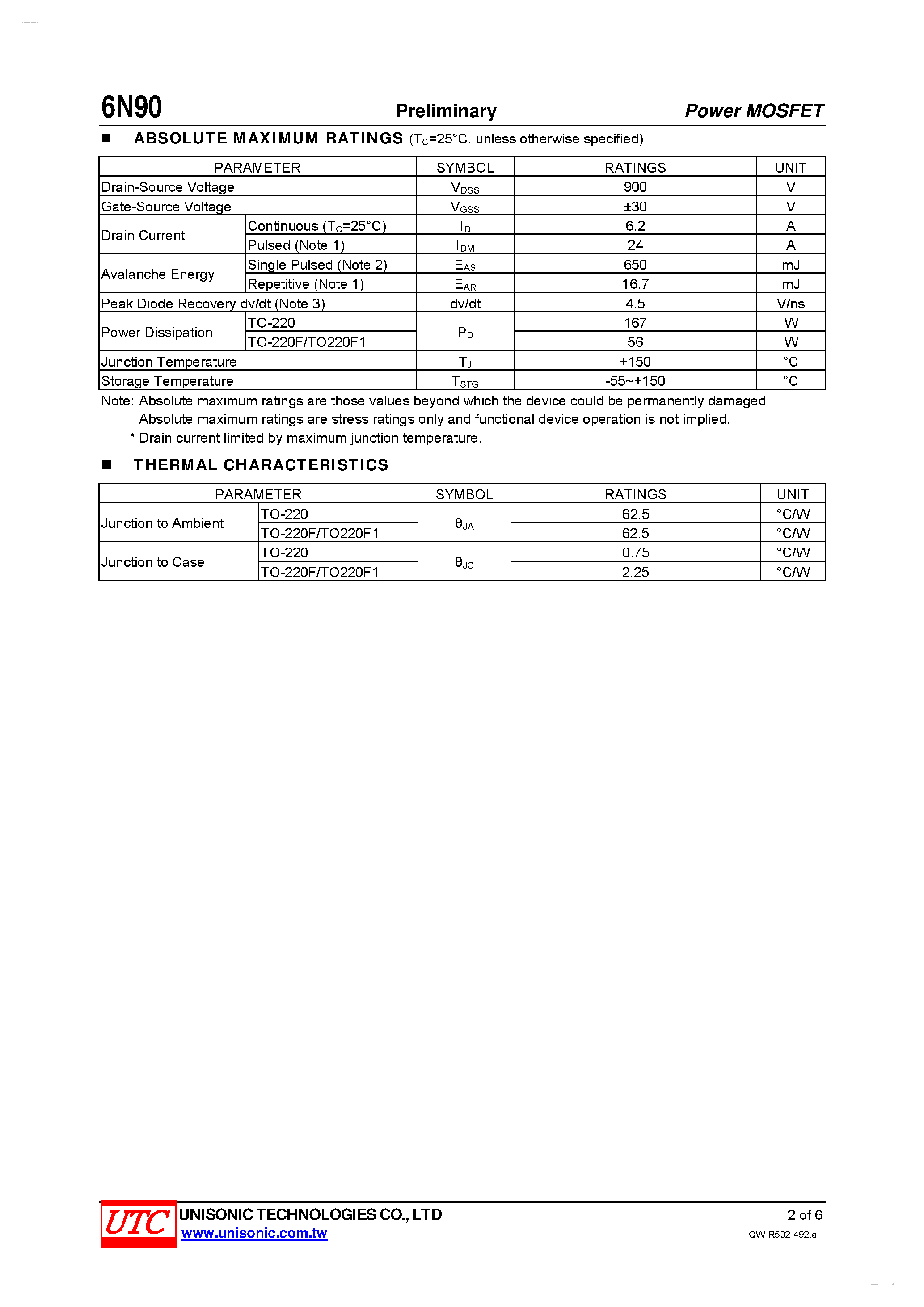 Даташит 6N90 - 900 Volts N-CHANNEL POWER MOSFET страница 2