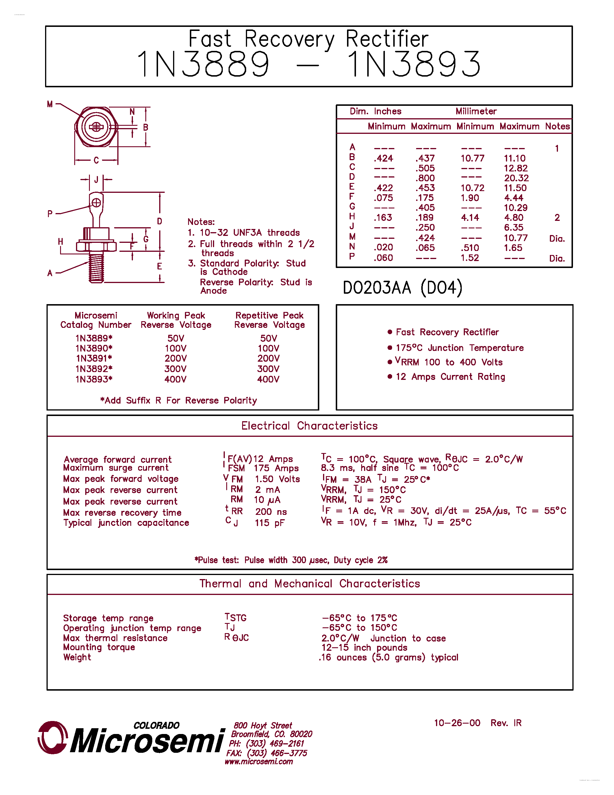 Datasheet 1N3889 - (1N3889 - 1N3893) Fast Recovery Rectifier page 1