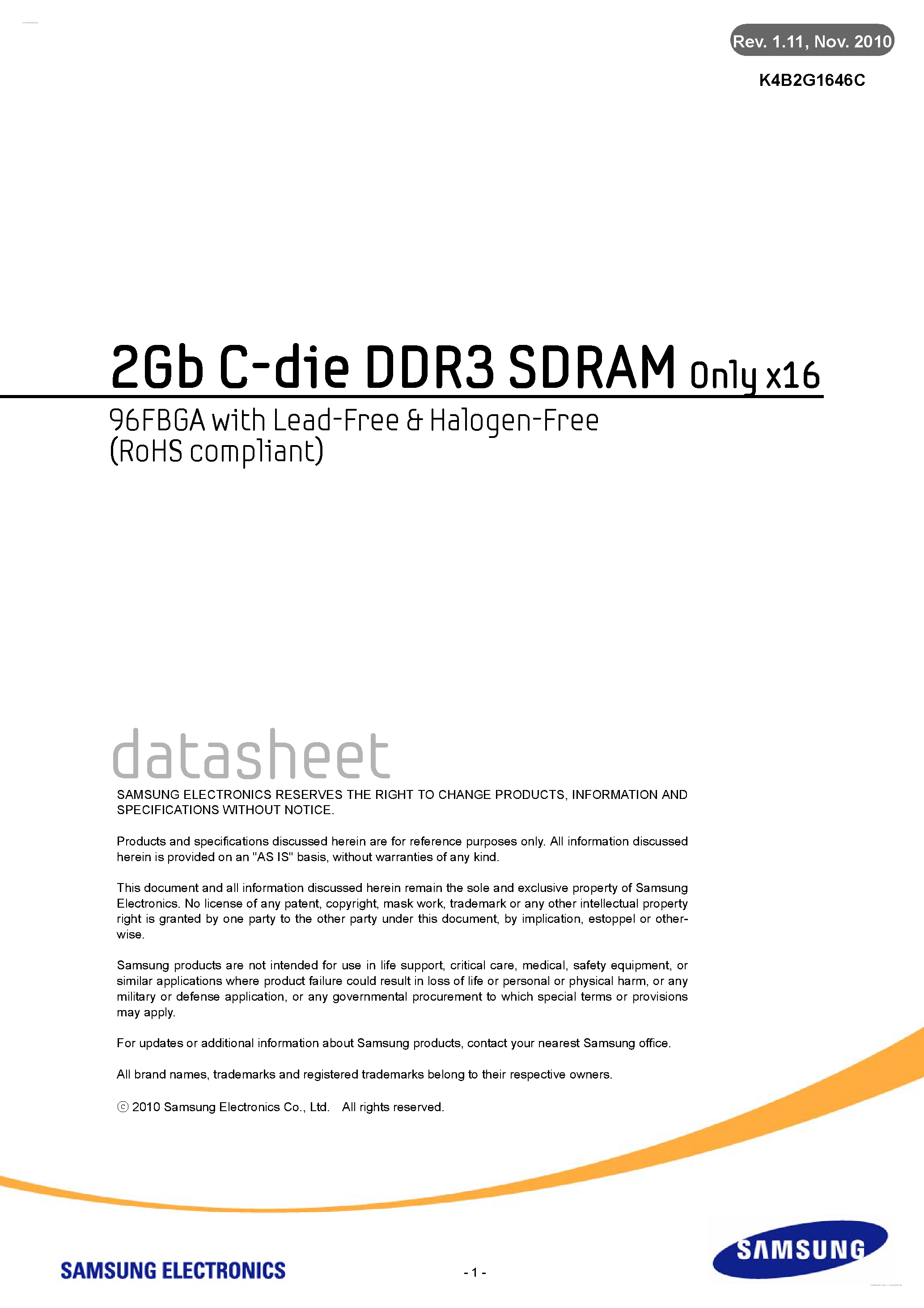 Datasheet K4B2G1646C - 2Gb C-die DDR3 SDRAM page 1