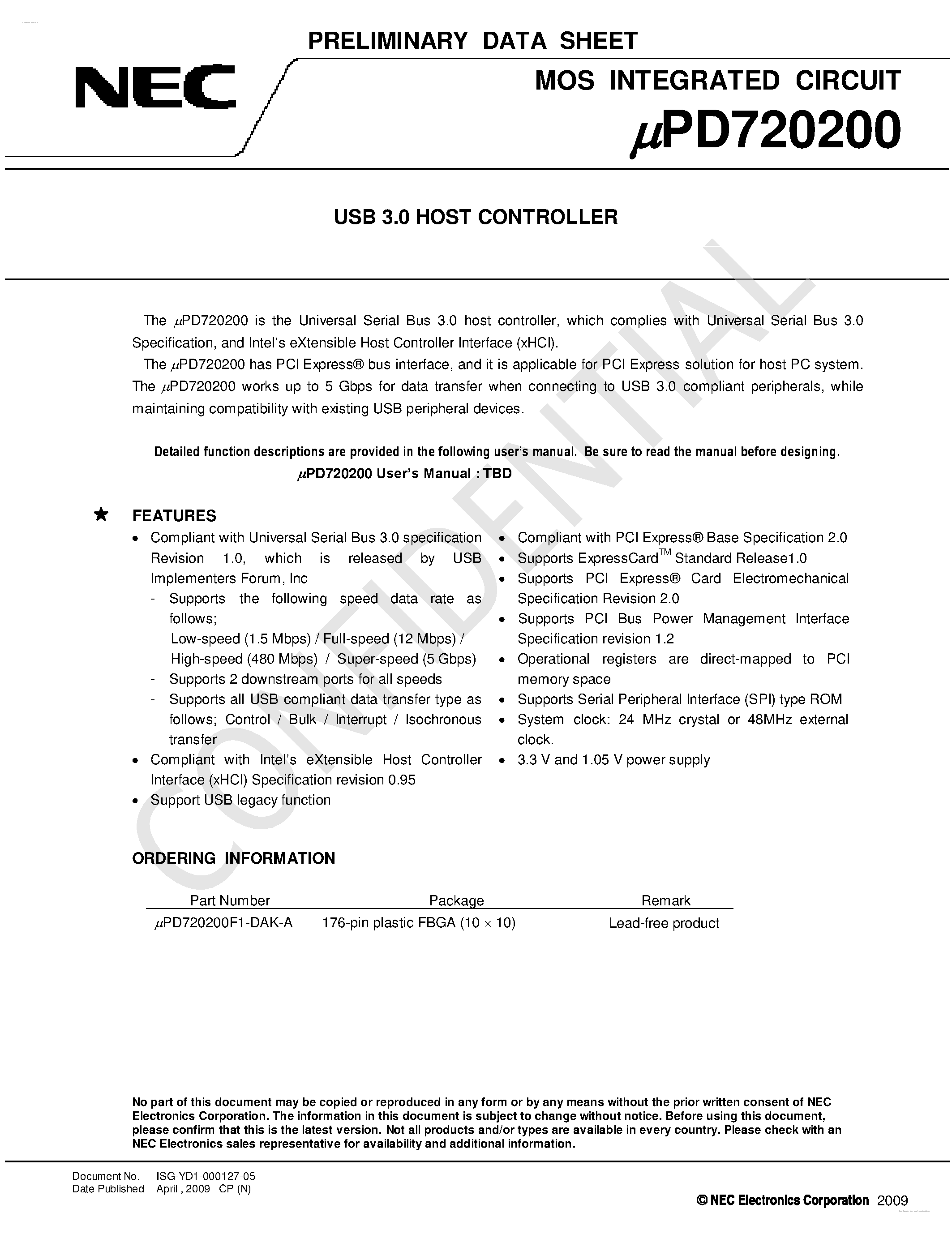 Datasheet UPD720200 - USB 3.0 Host Controller page 1