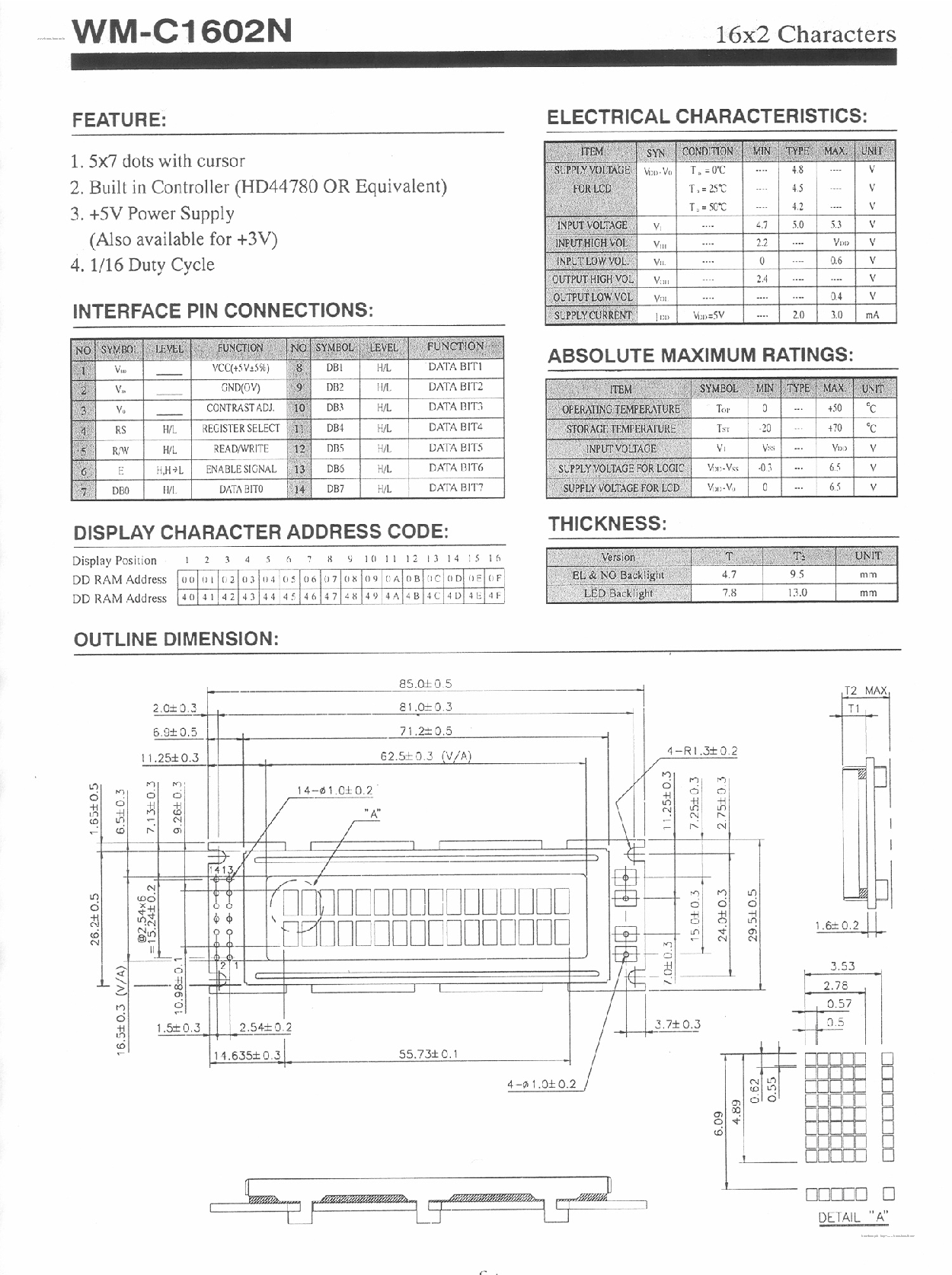 Даташит WM-C1602N - 16 X 2 Characters страница 1