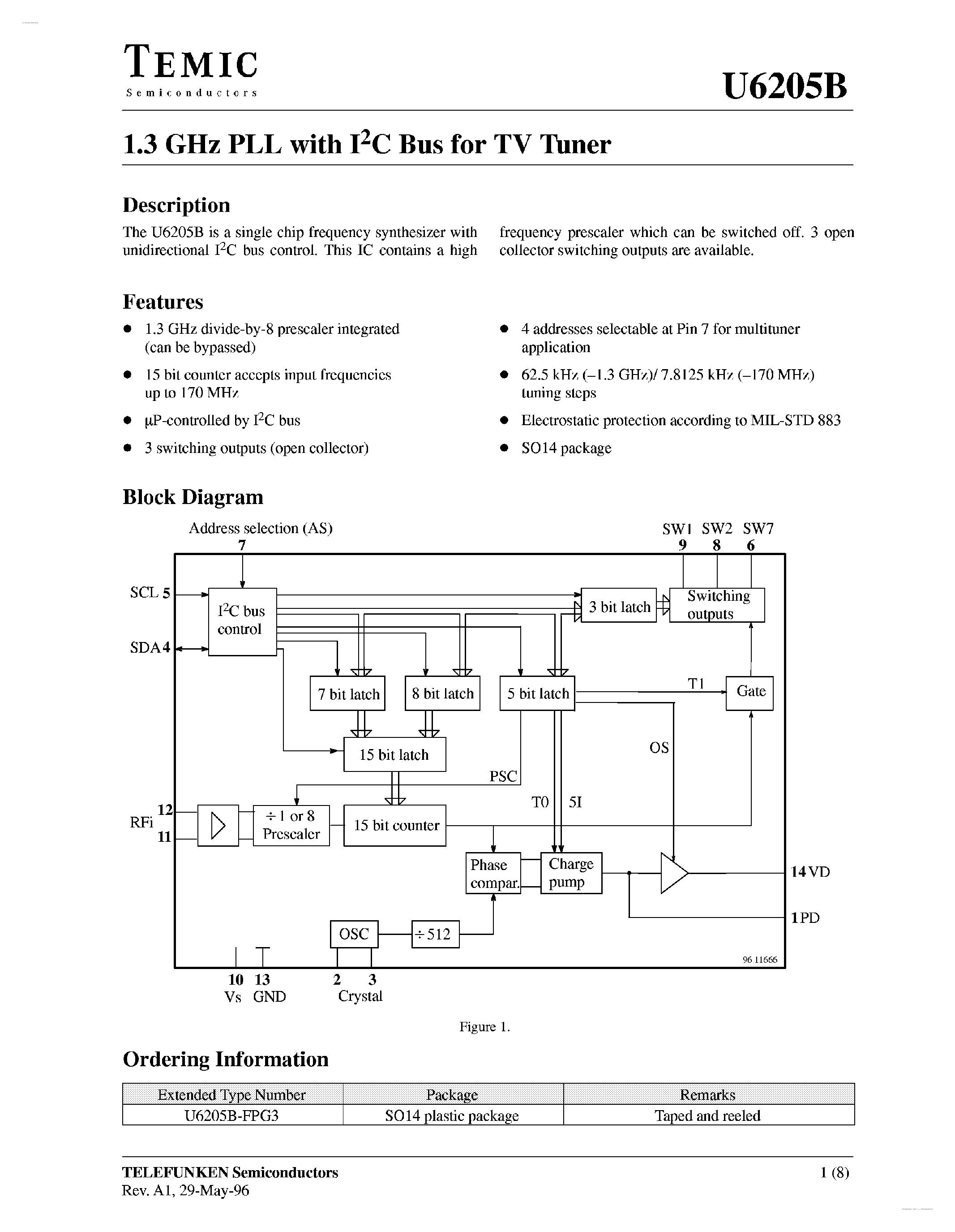 Даташит U6205B - 1.3 GHz PLL страница 1