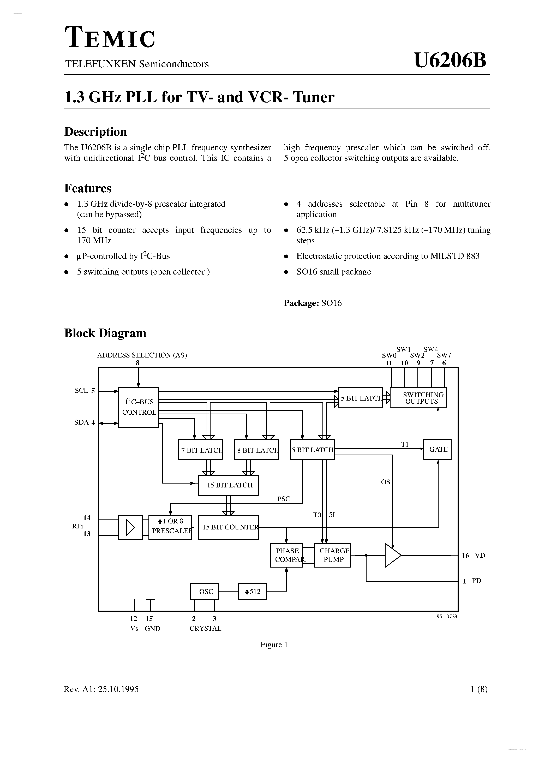 Даташит U6206B - 1.3 GHz PLL страница 1