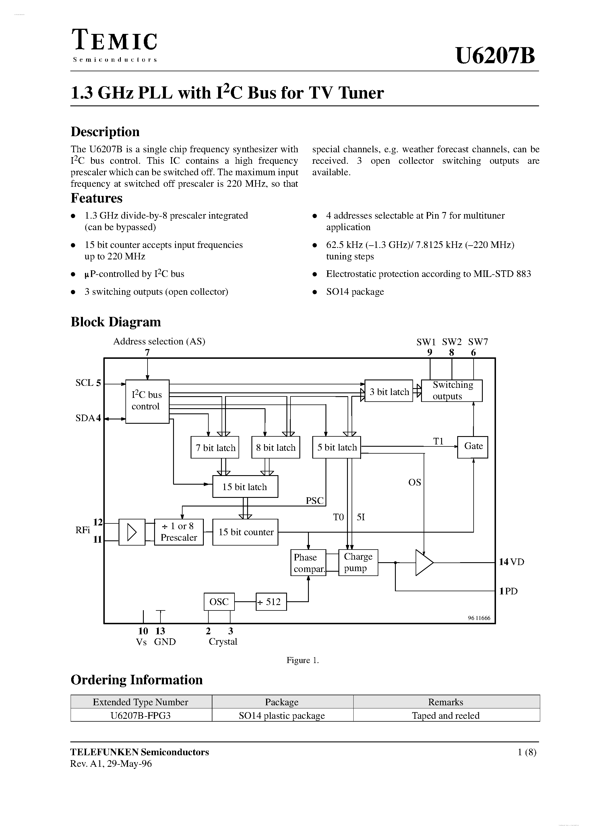 Даташит U6207B - 1.3 GHz PLL страница 1