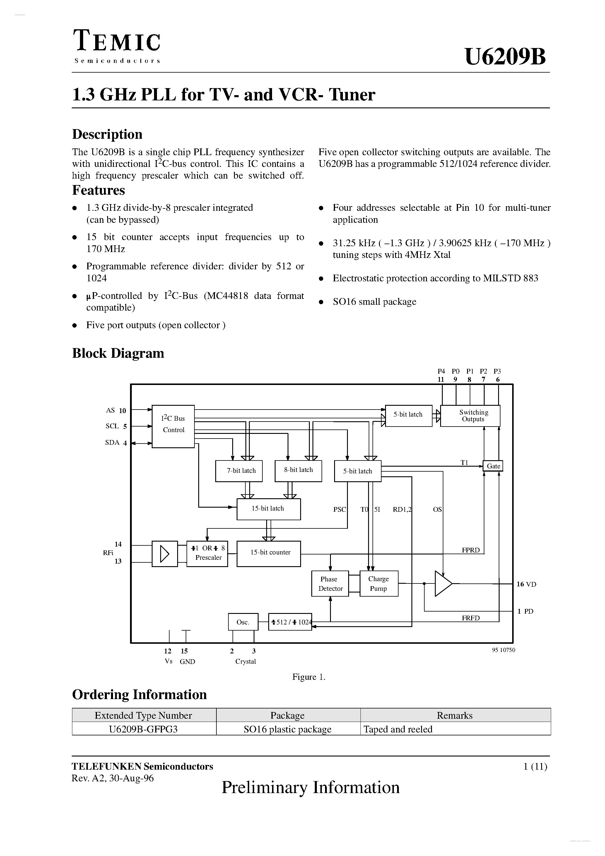 Даташит U6209B - 1.3 GHz PLL страница 1