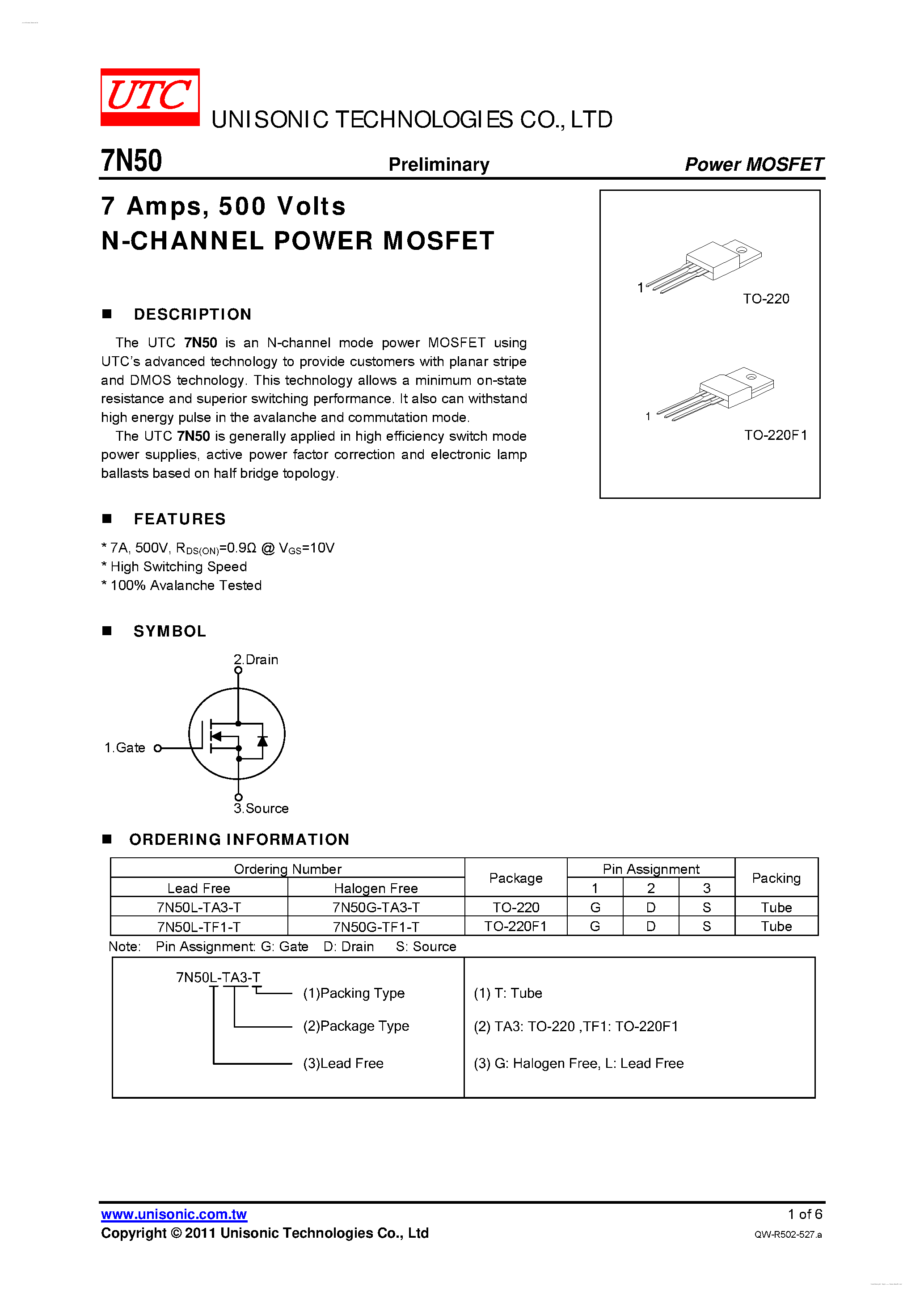 Даташит 7N50 - 500 Volts N-CHANNEL POWER MOSFET страница 1