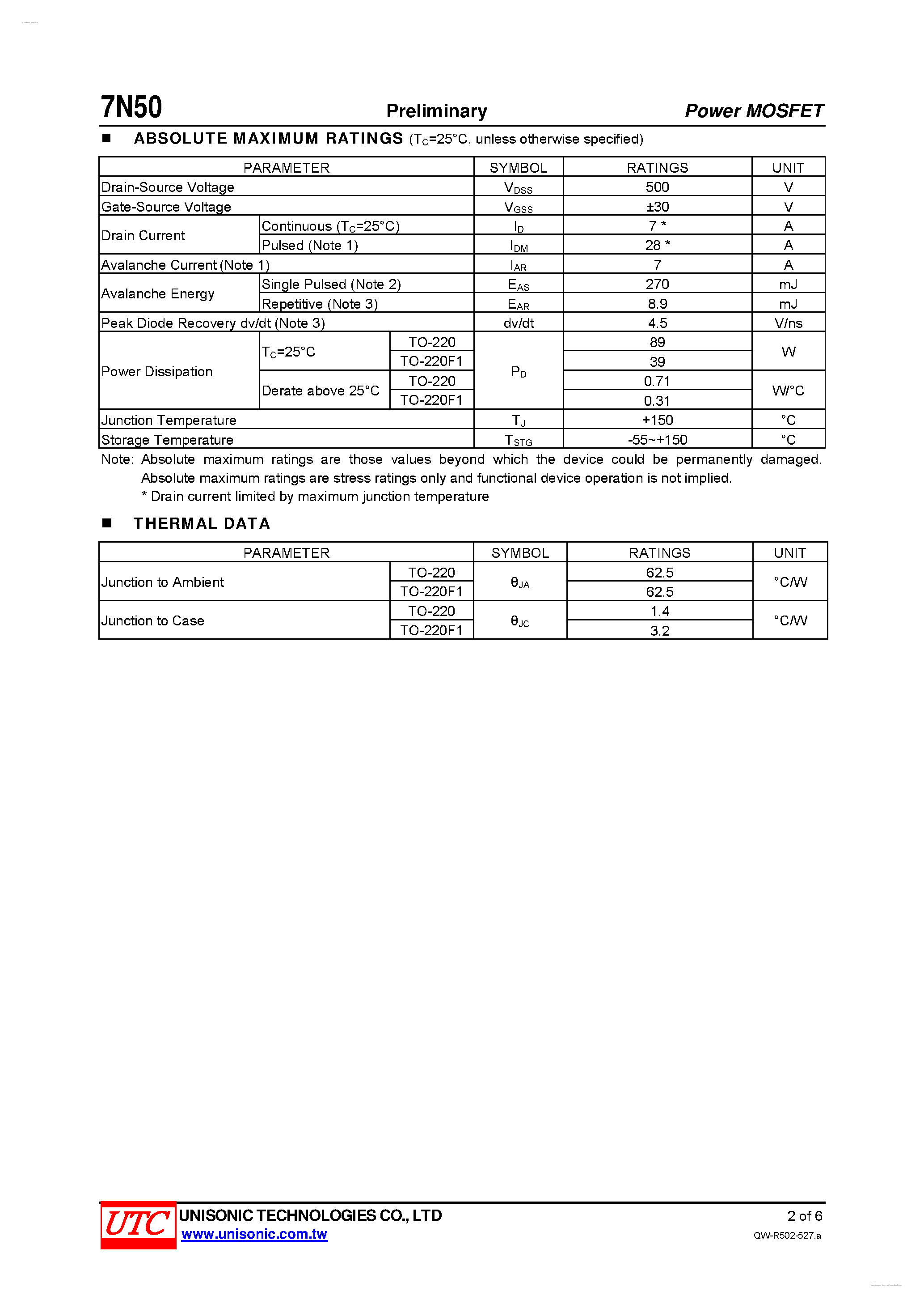 Даташит 7N50 - 500 Volts N-CHANNEL POWER MOSFET страница 2