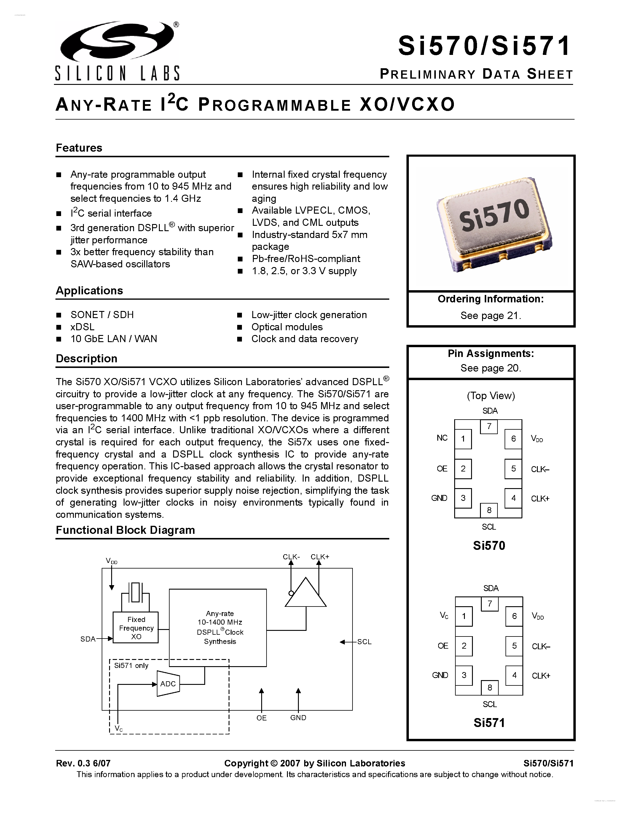 Даташит на микросхему SI570 страница 1 Даташит SI570 - (SI570 / SI571) ANY-RATE I2C PROGRAMMABLE XO/VCXO страница 1