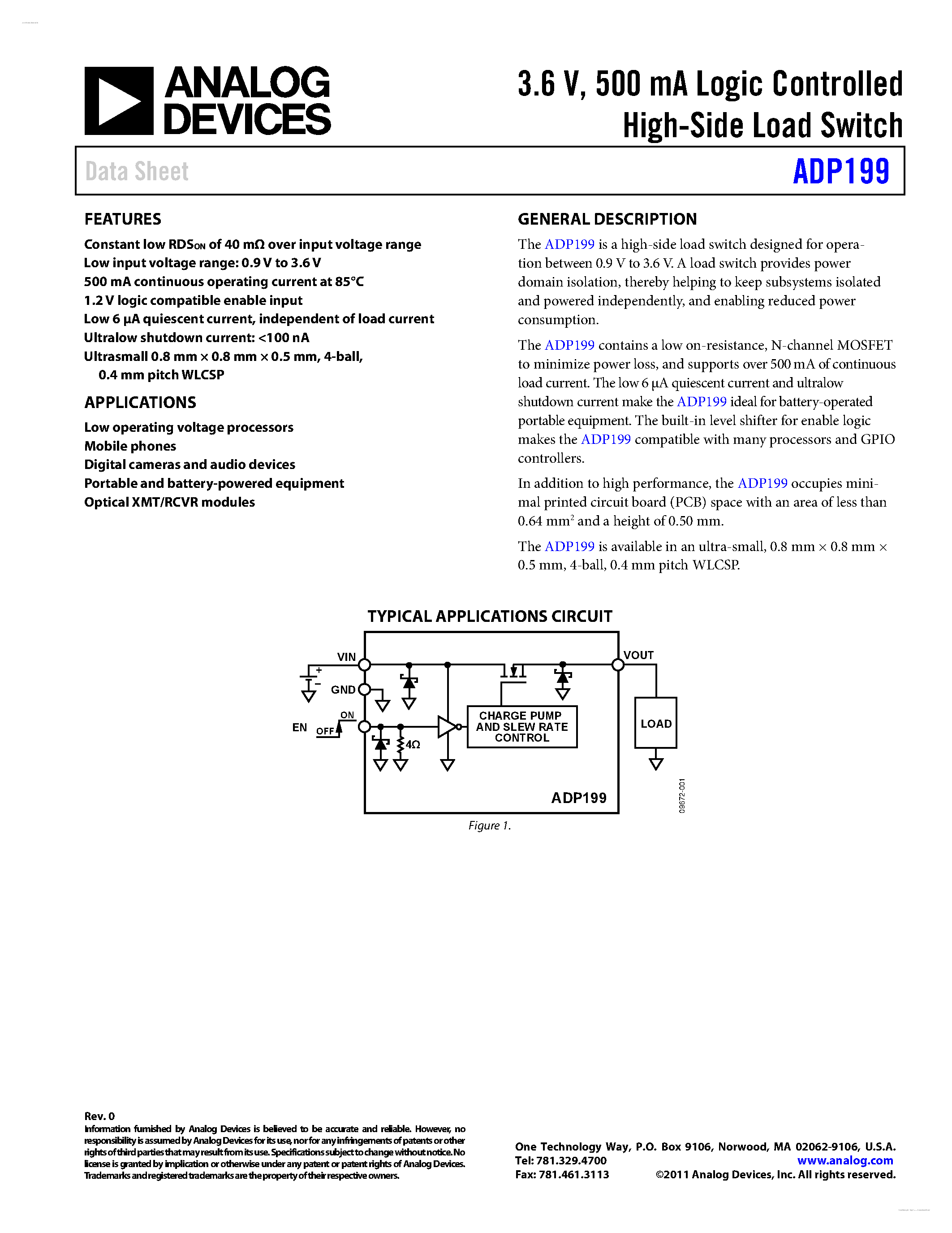 Даташит ADP199 - 500 mA Logic Controlled High-Side Load Switch страница 1