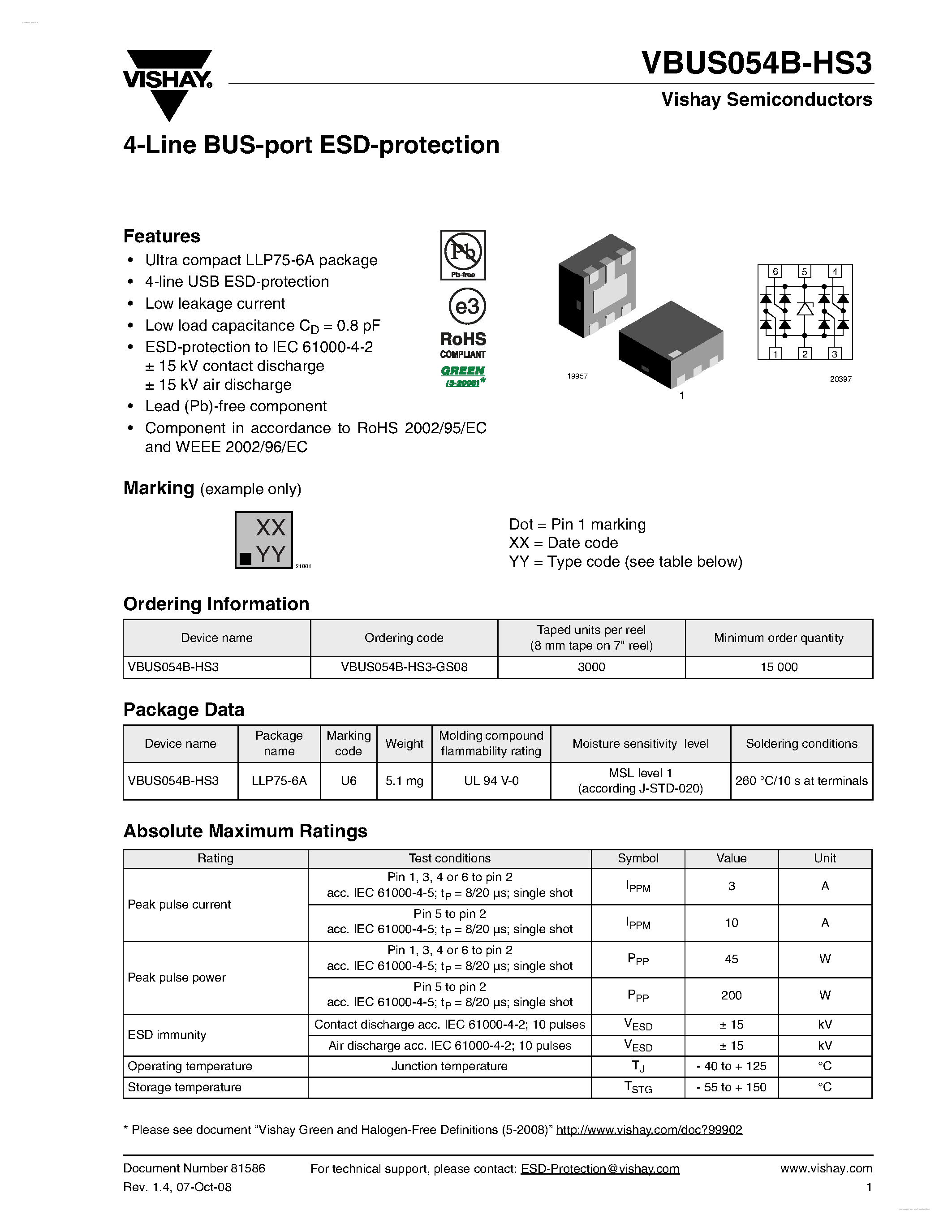 Datasheet VBUS054B-HS3 - 4-Line BUS-port ESD-protection page 1