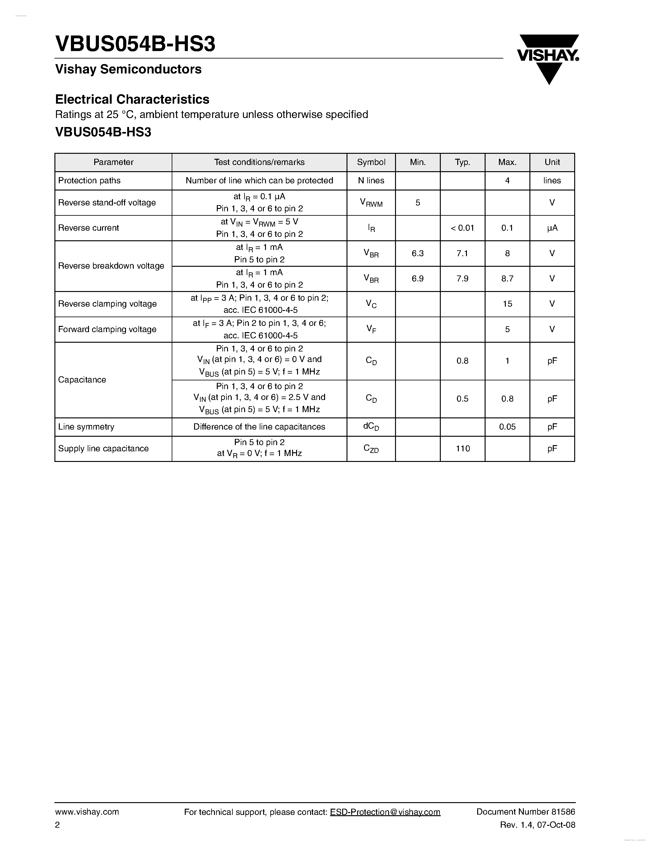 Datasheet VBUS054B-HS3 - 4-Line BUS-port ESD-protection page 2