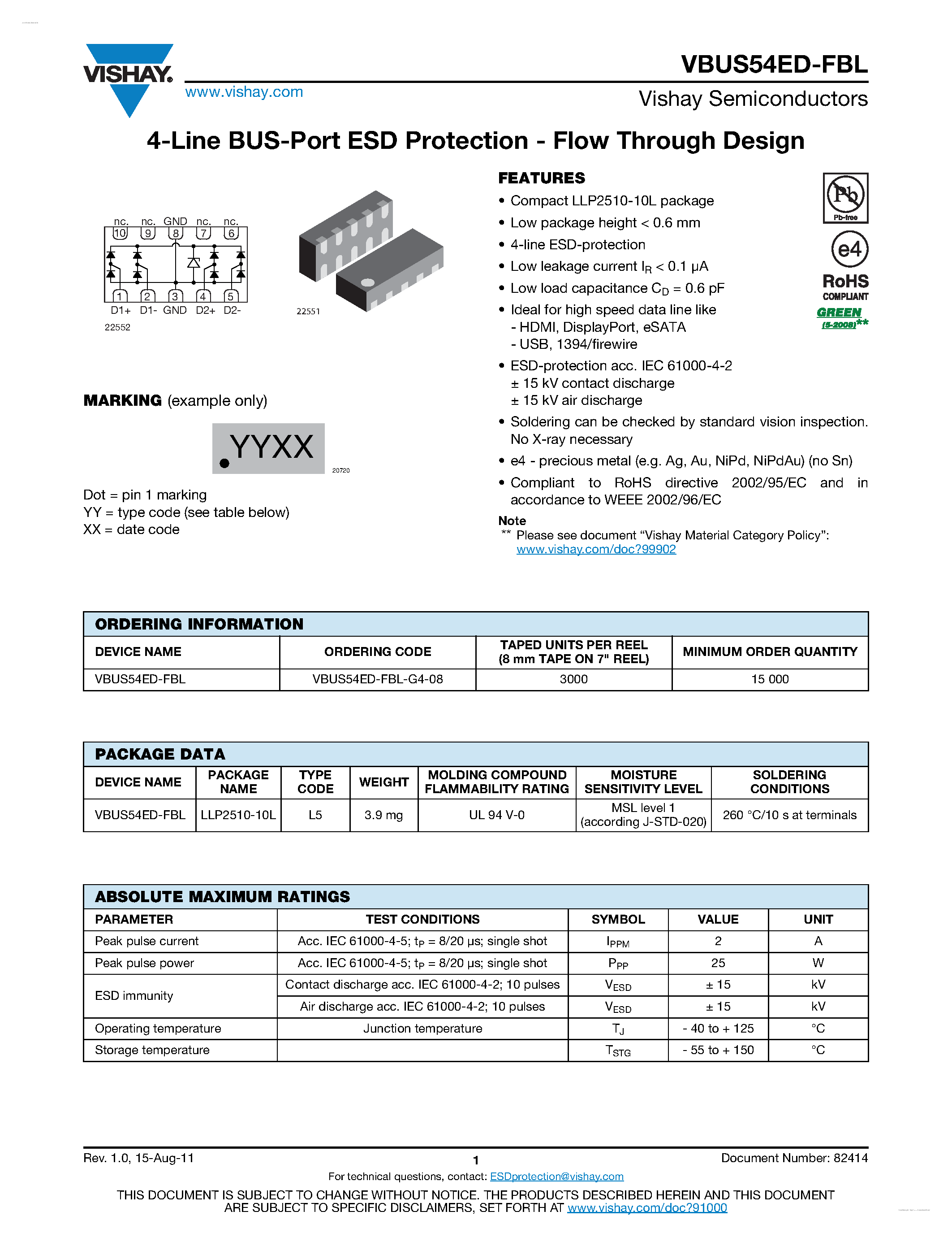 Datasheet VBUS54ED-FBL - 4-Line BUS-Port ESD Protection - Flow Through Design page 1