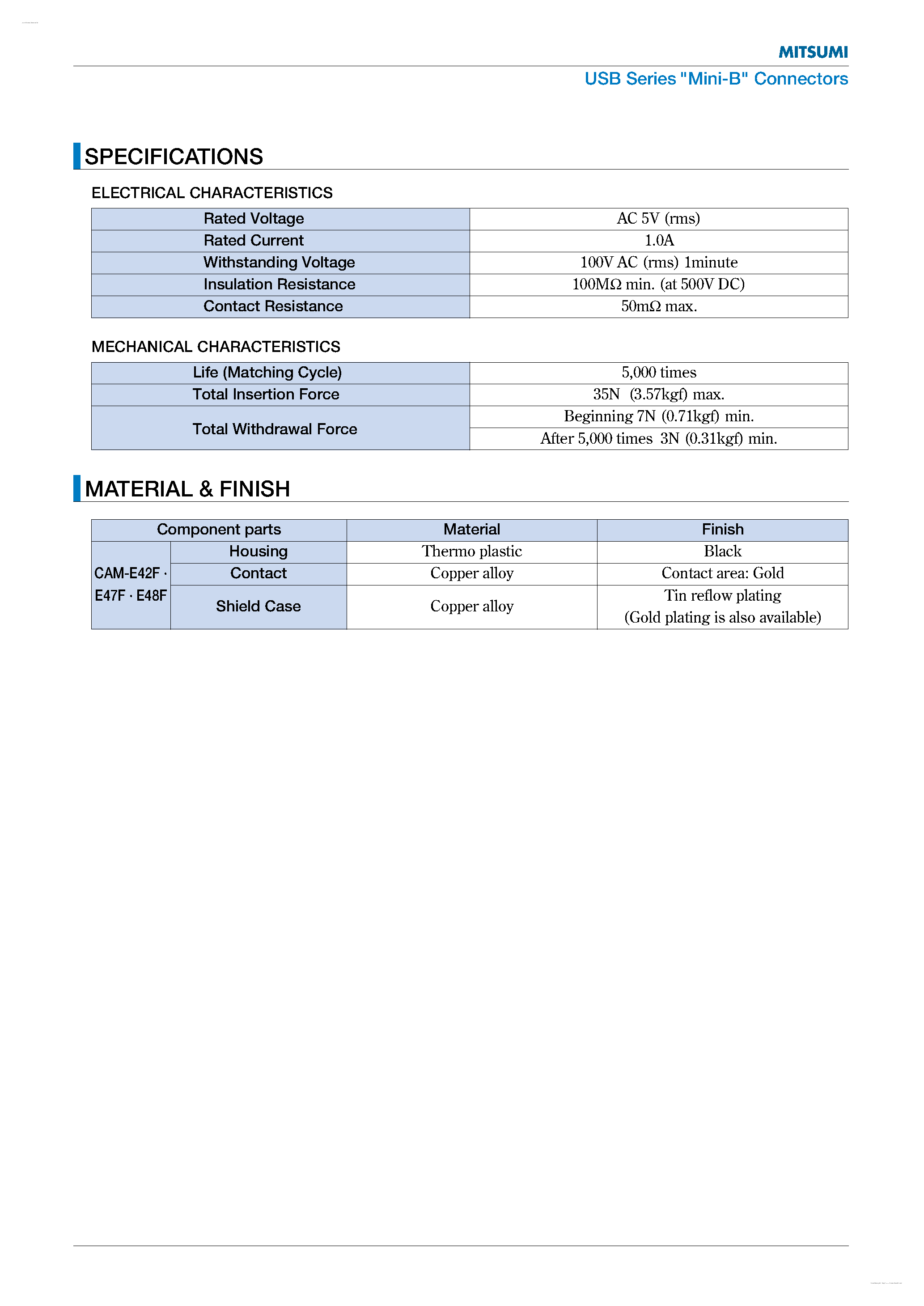 Datasheet CAM-E42F - USB Series Mini-B Connectors page 2