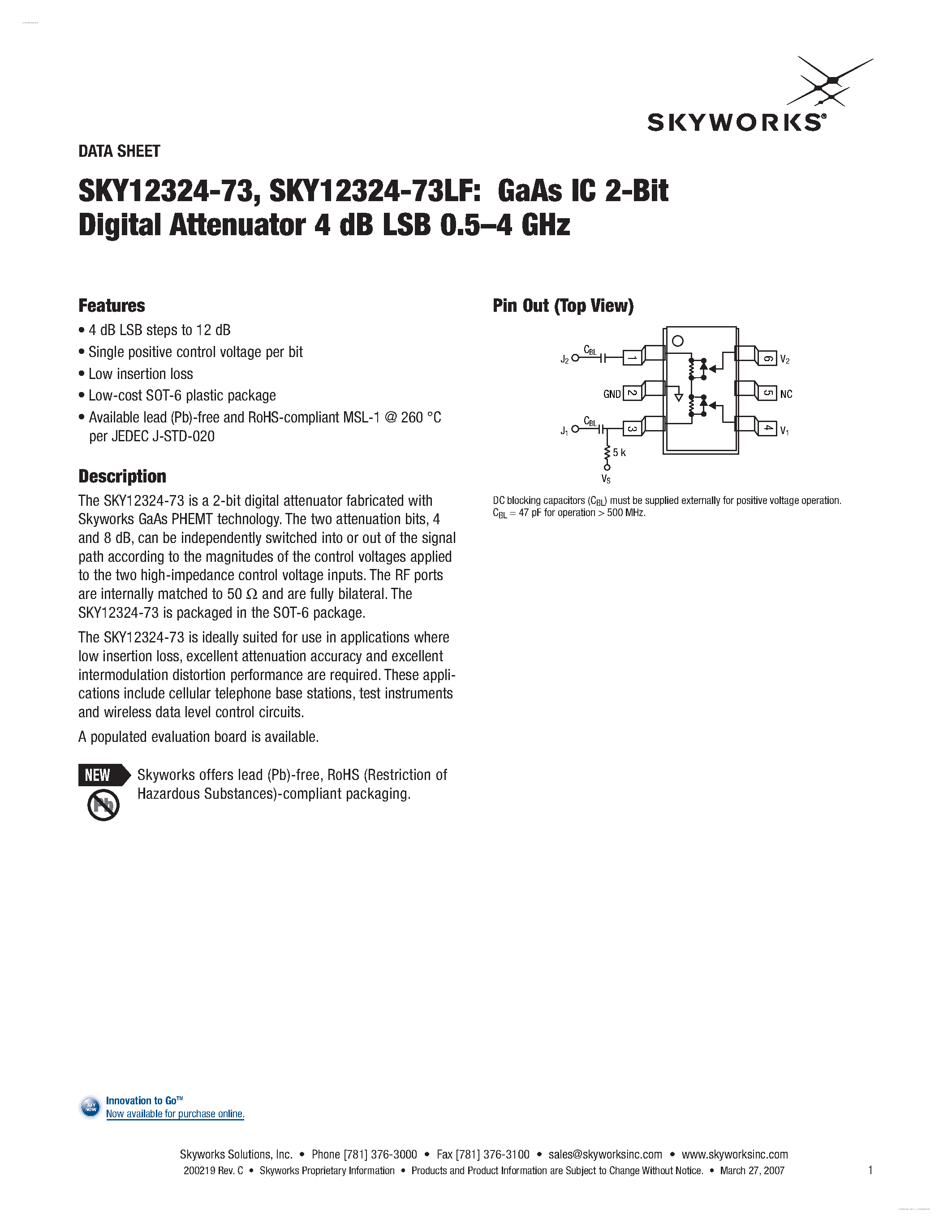 Даташит SKY12324-73 - GaAs IC 2-Bit Digital Attenuator страница 1