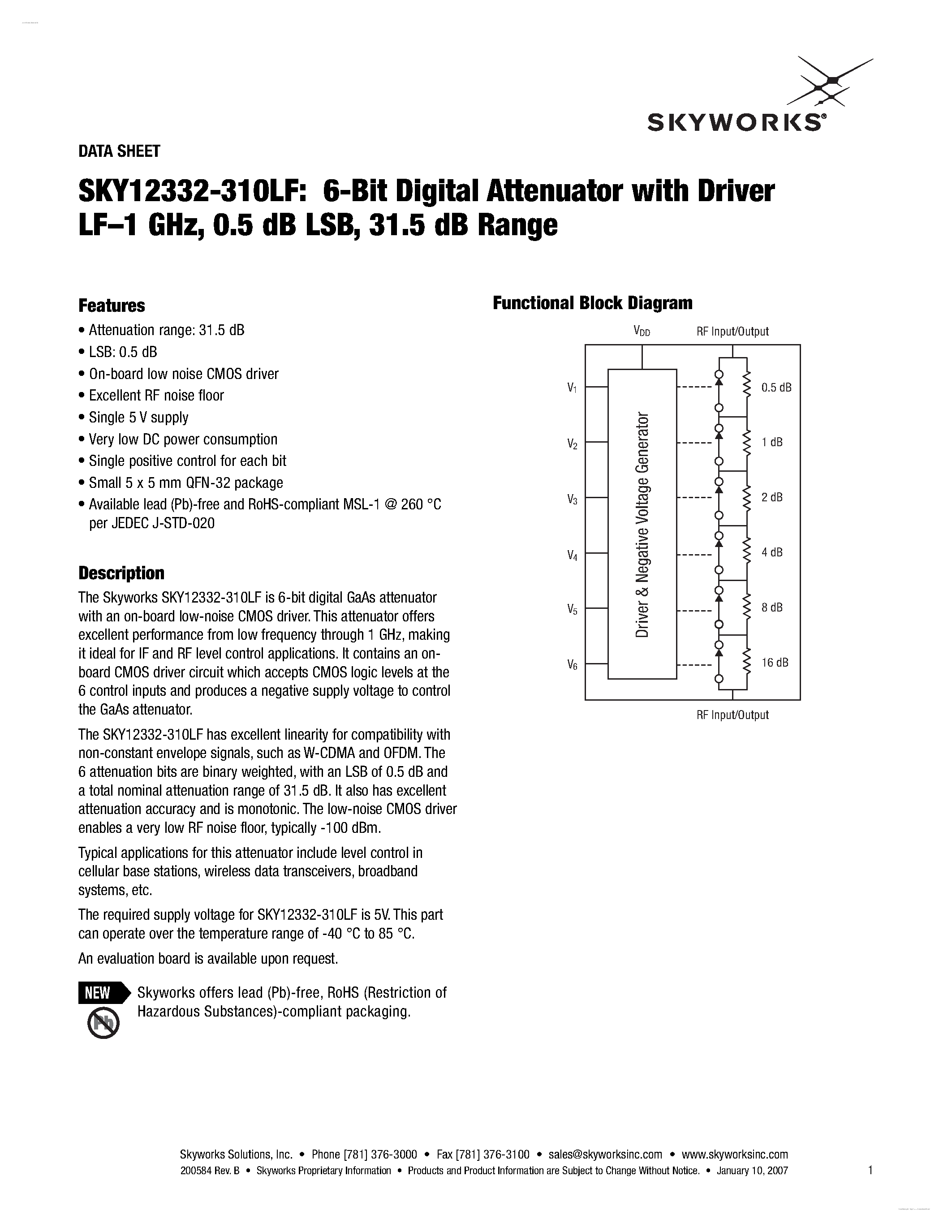 Даташит SKY12332-310LF - 6-Bit Digital Attenuator страница 1