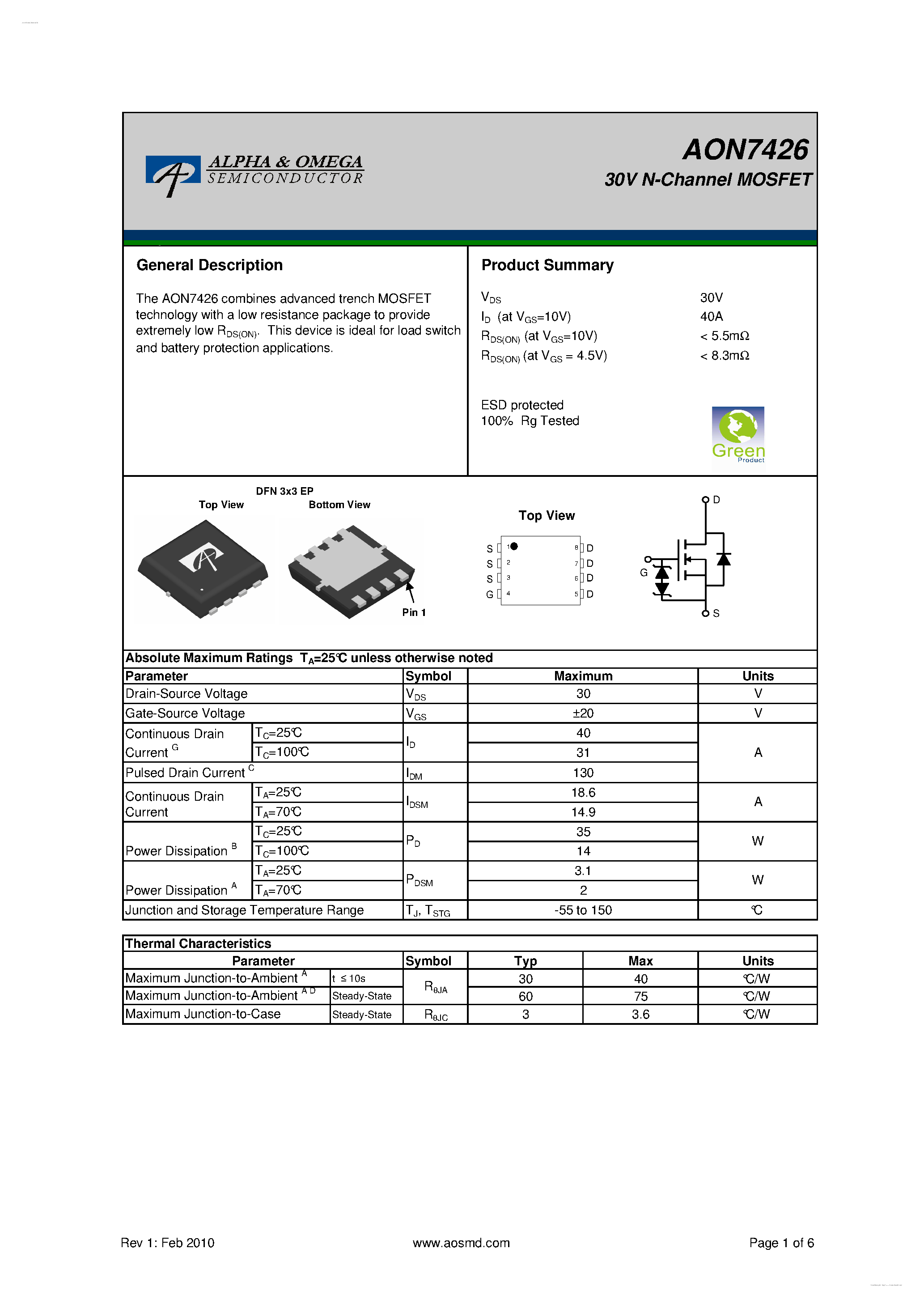 Даташит AON7426 - 30V N-Channel MOSFET страница 1