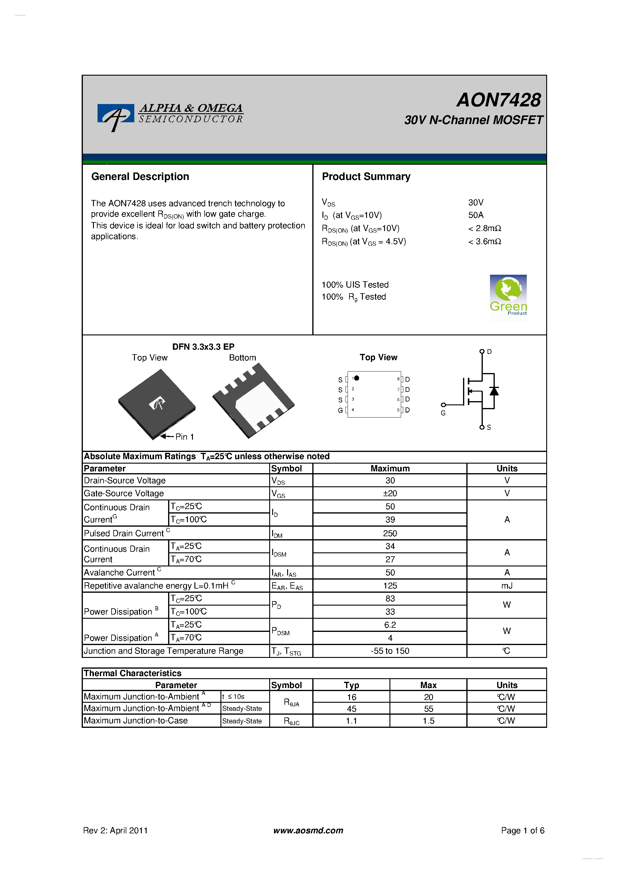 Даташит AON7428 - 30V N-Channel MOSFET страница 1