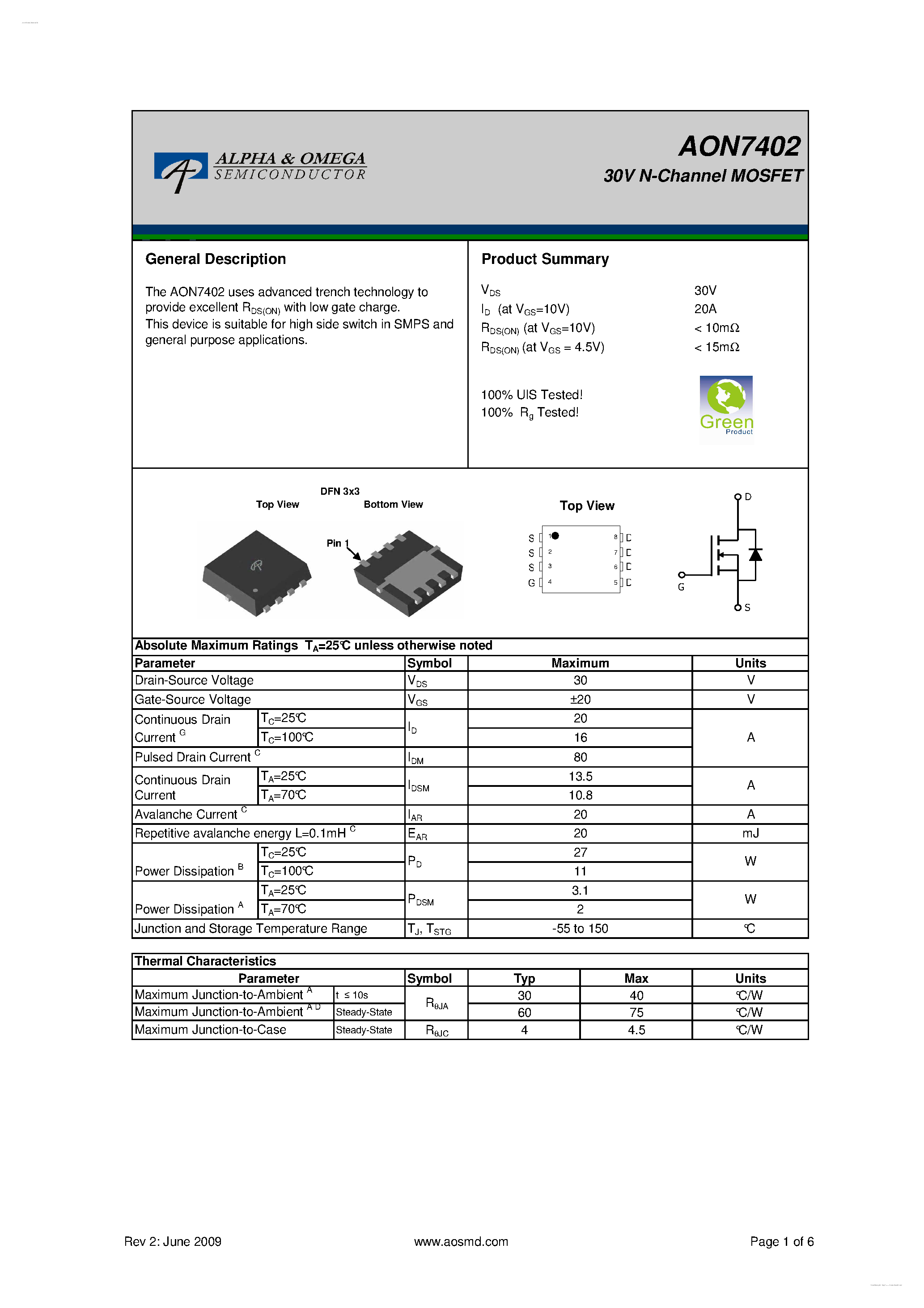 Даташит AON7402 - 30V N-Channel MOSFET страница 1