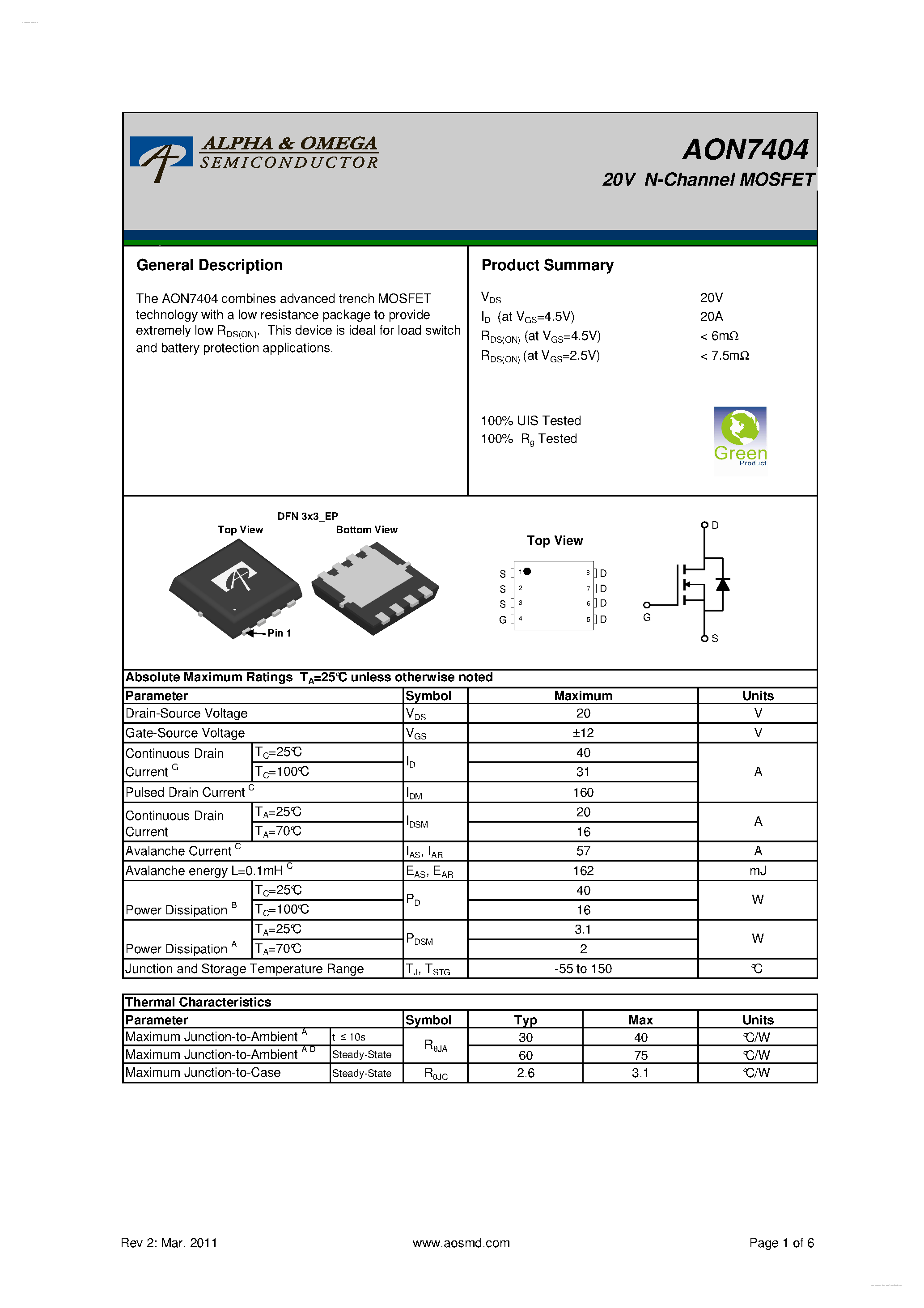 Даташит AON7404 - 20V N-Channel MOSFET страница 1