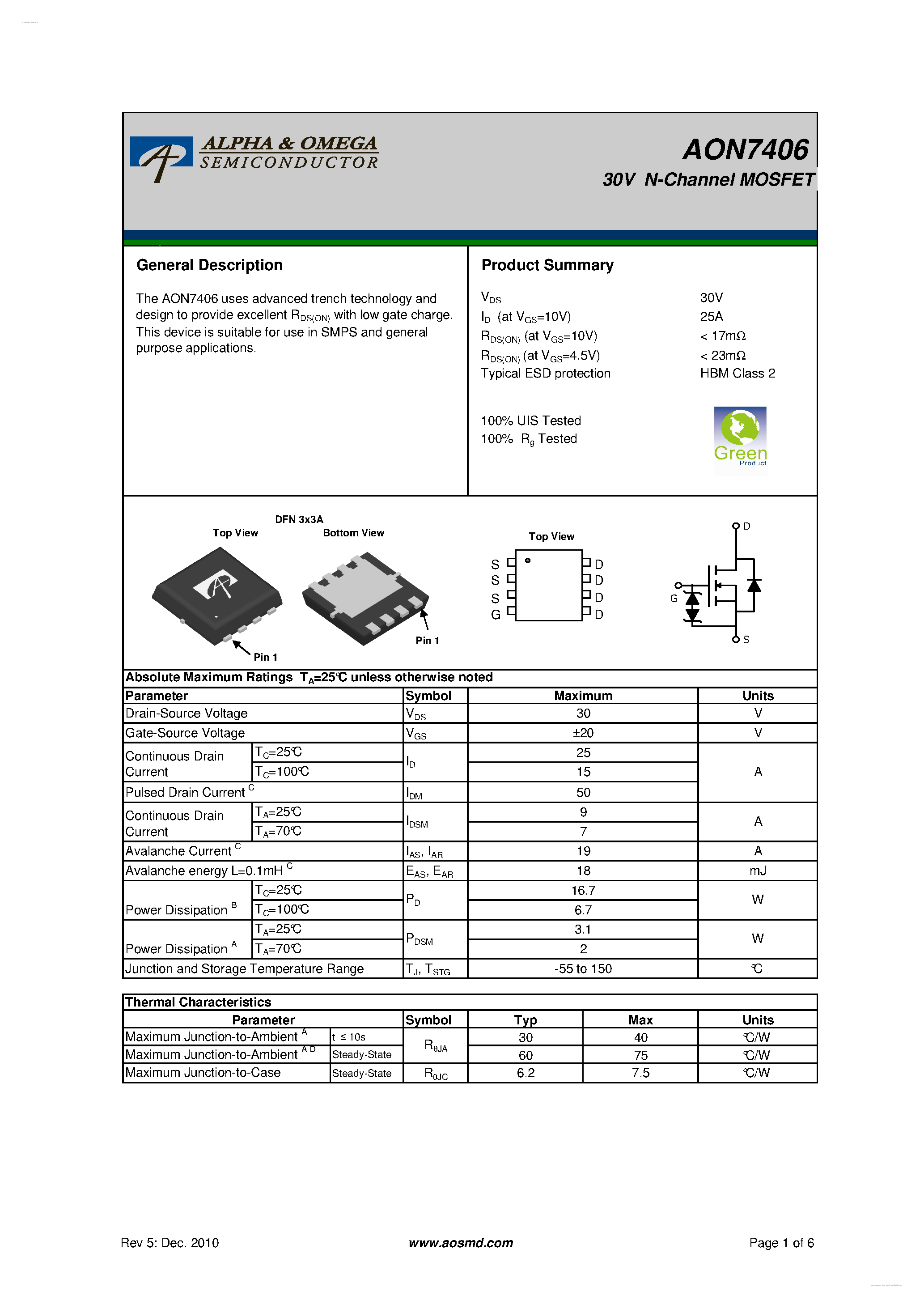 Даташит AON7406 - 30V N-Channel MOSFET страница 1