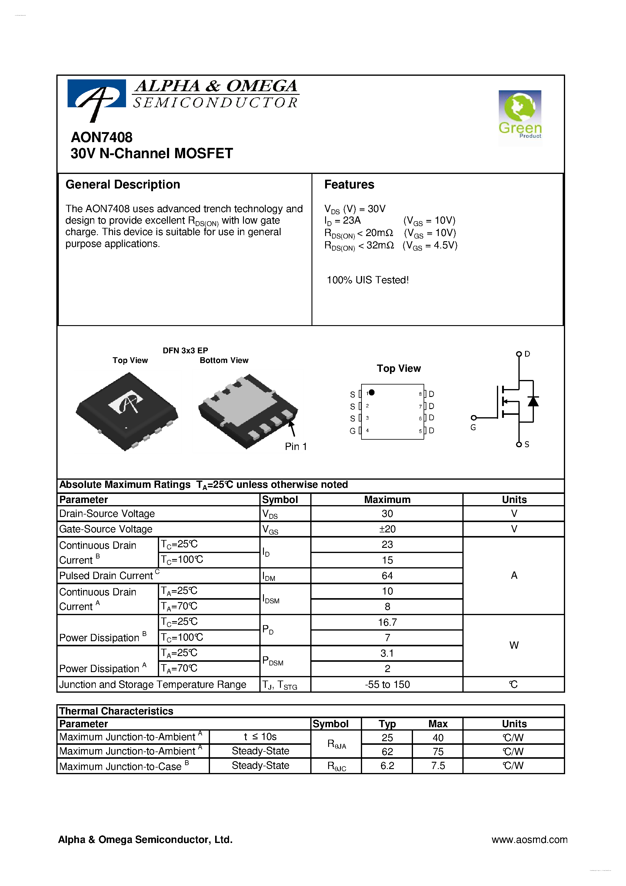 Даташит AON7408 - 30V N-Channel MOSFET страница 1