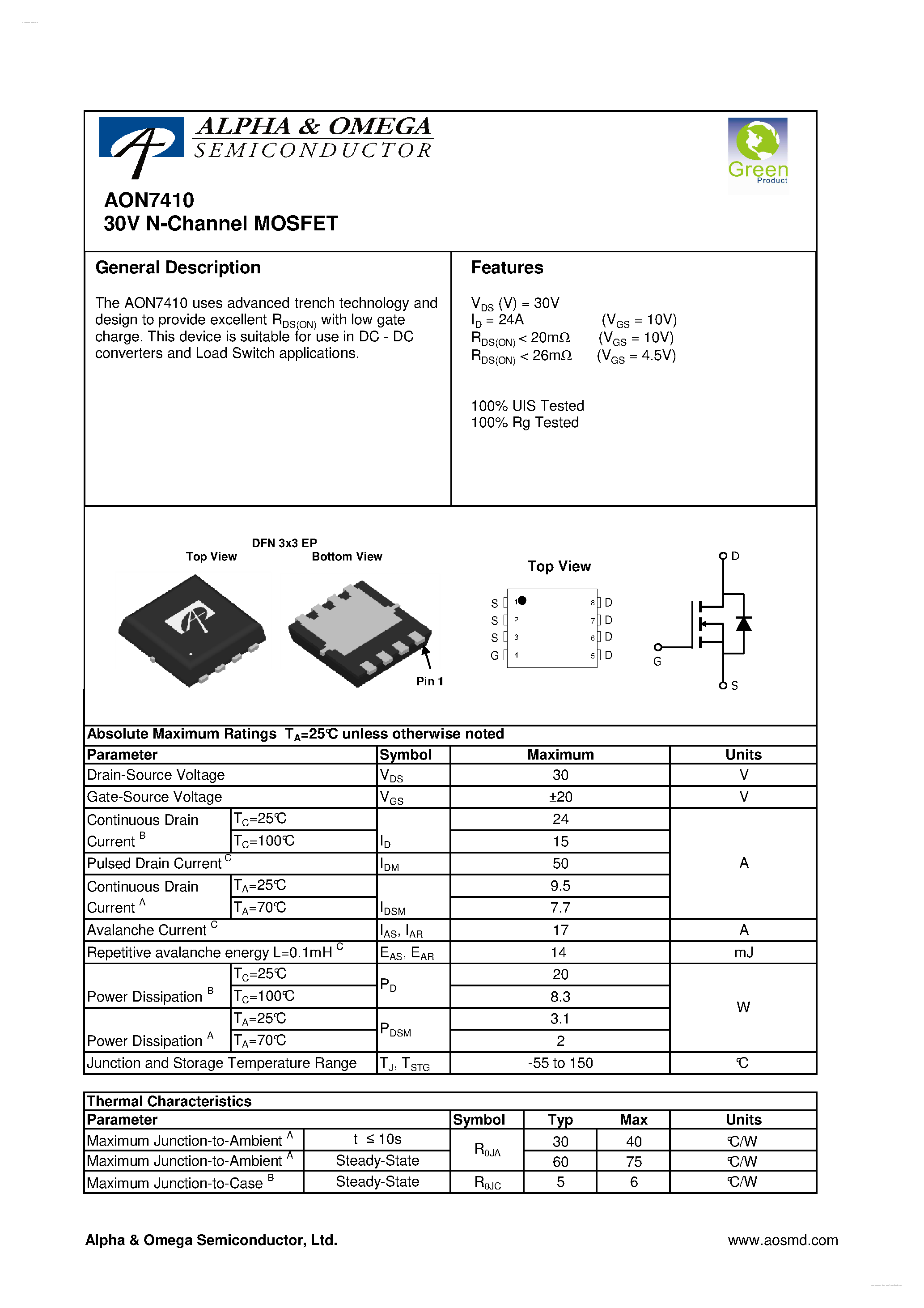 Даташит AON7410 - 30V N-Channel MOSFET страница 1