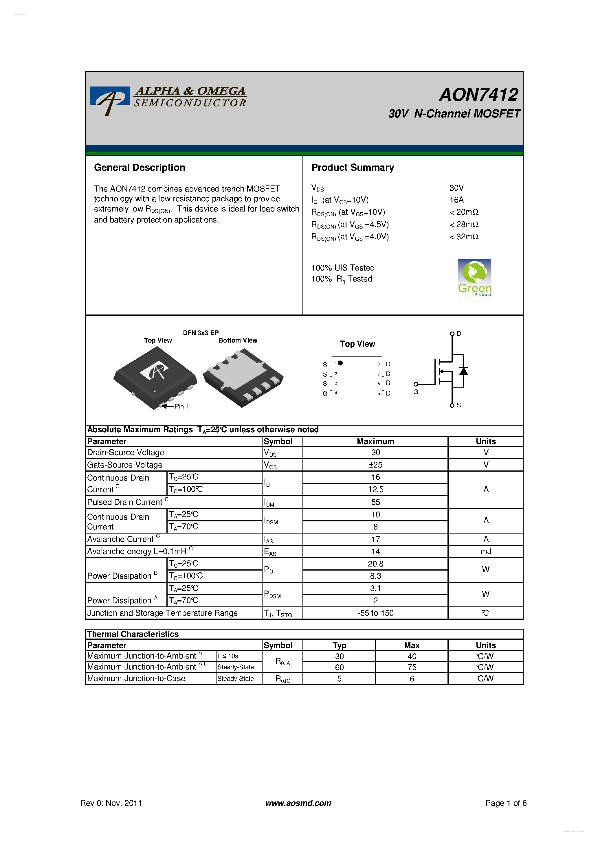 Даташит AON7412 - 30V N-Channel MOSFET страница 1