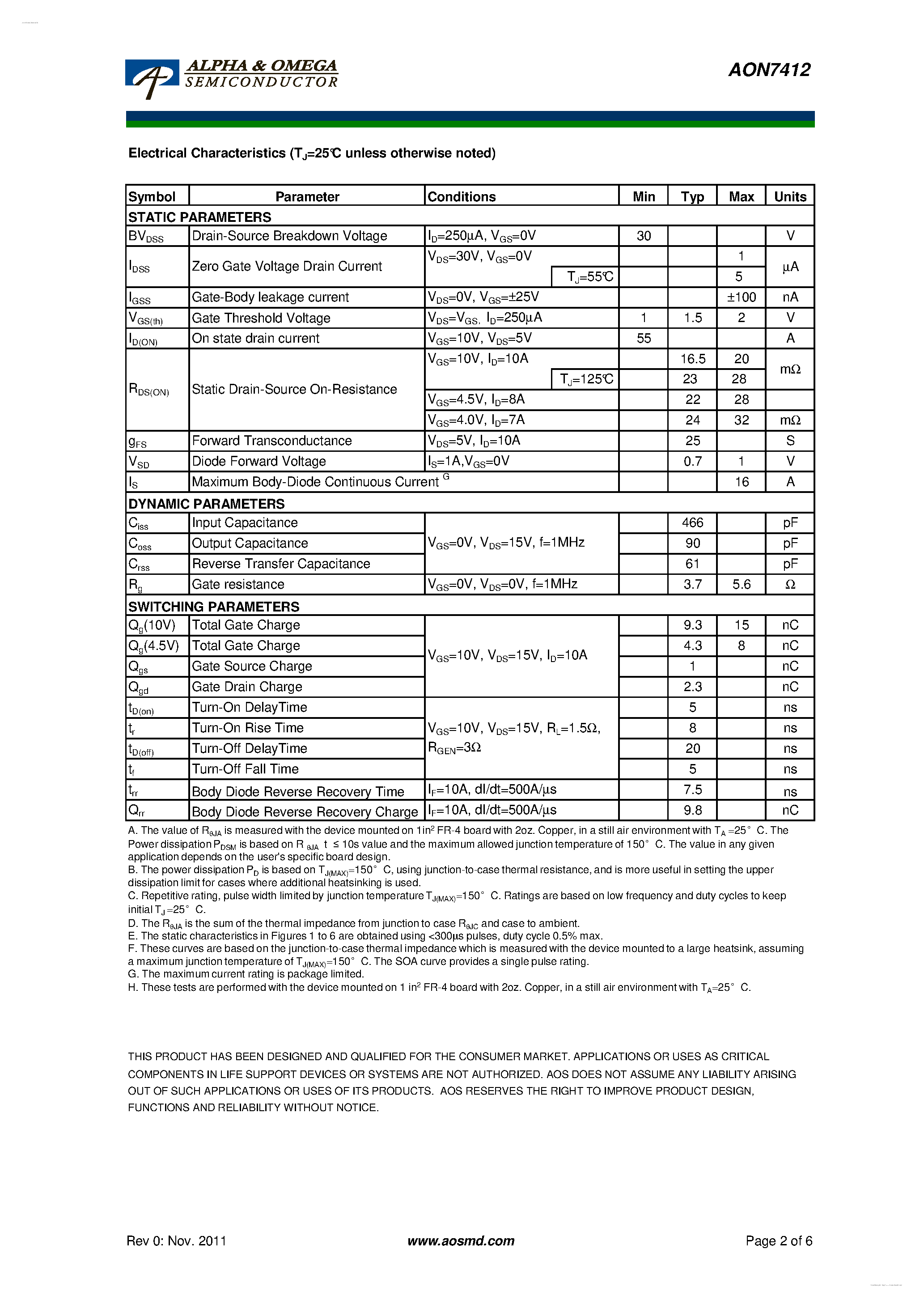 Даташит AON7412 - 30V N-Channel MOSFET страница 2