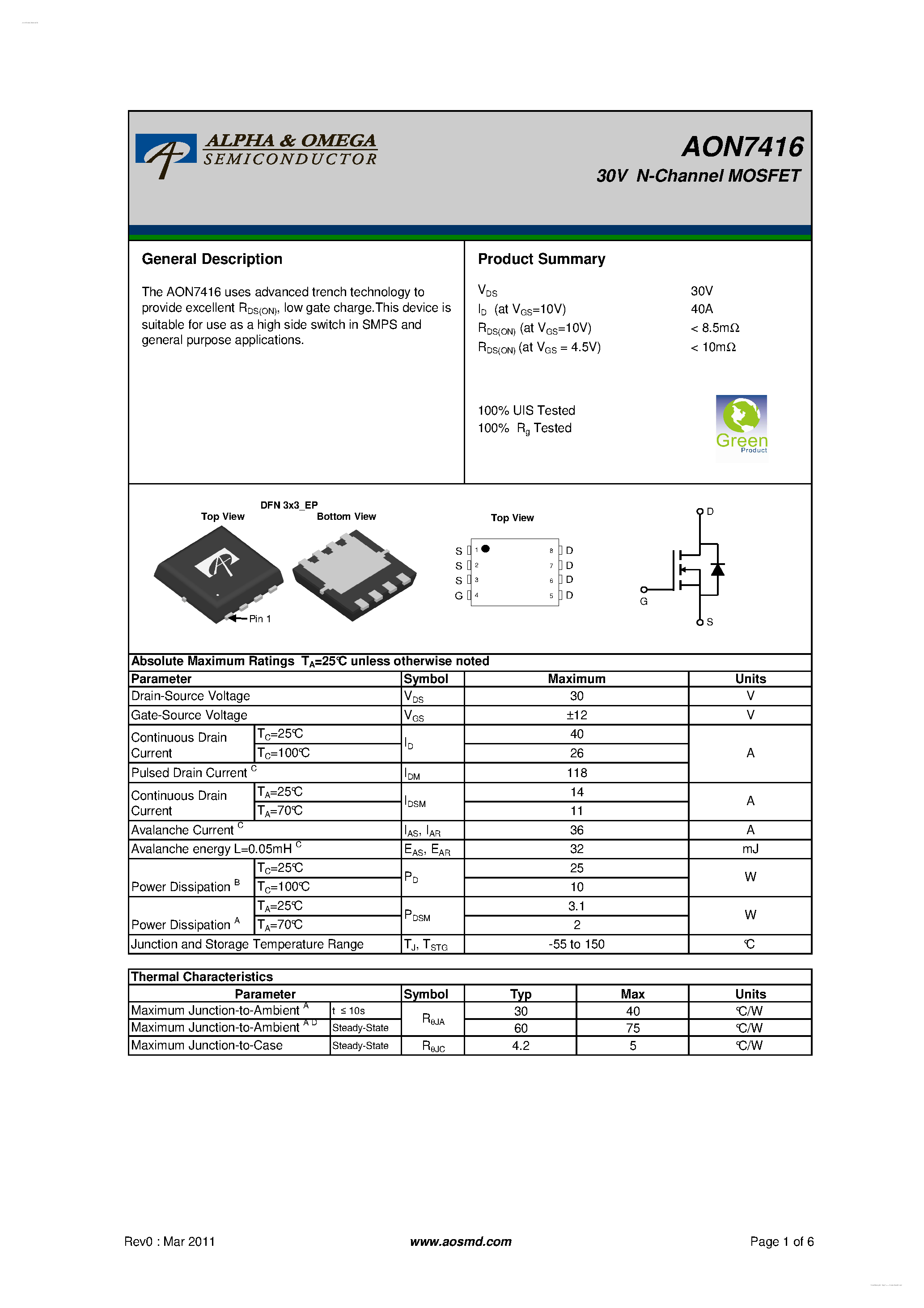 Даташит AON7416 - 30V N-Channel MOSFET страница 1