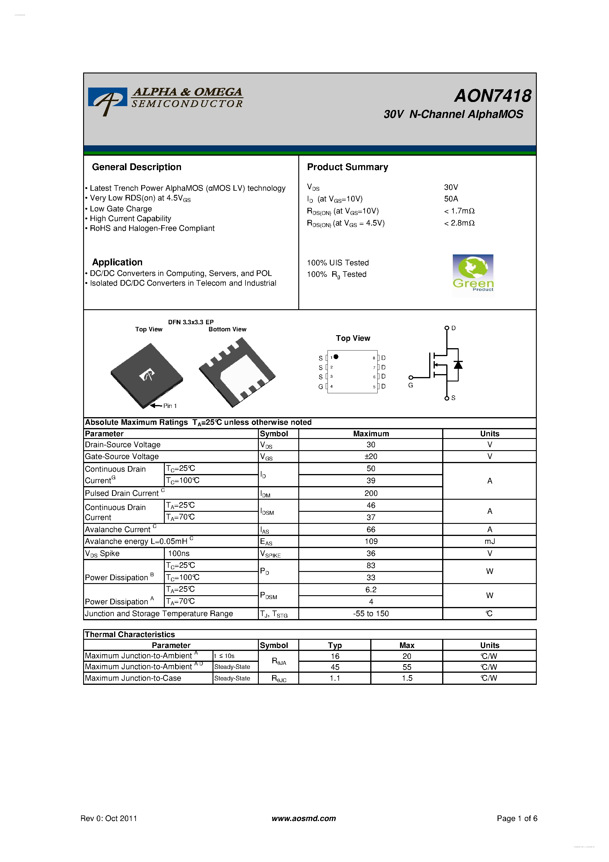 Даташит AON7418 - 30V N-Channel AlphaFET страница 1