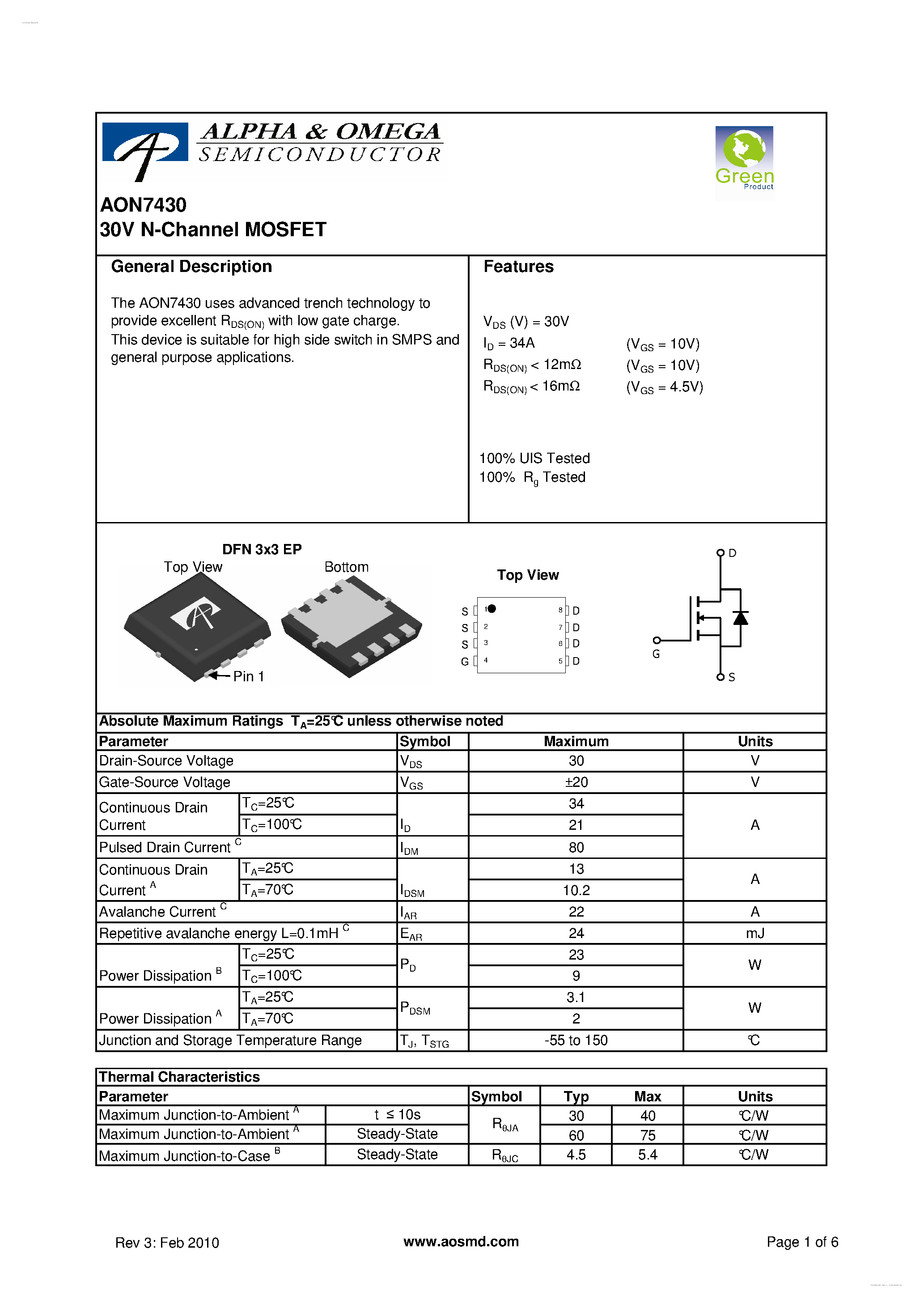 Даташит AON7430 - 30V N-Channel MOSFET страница 1