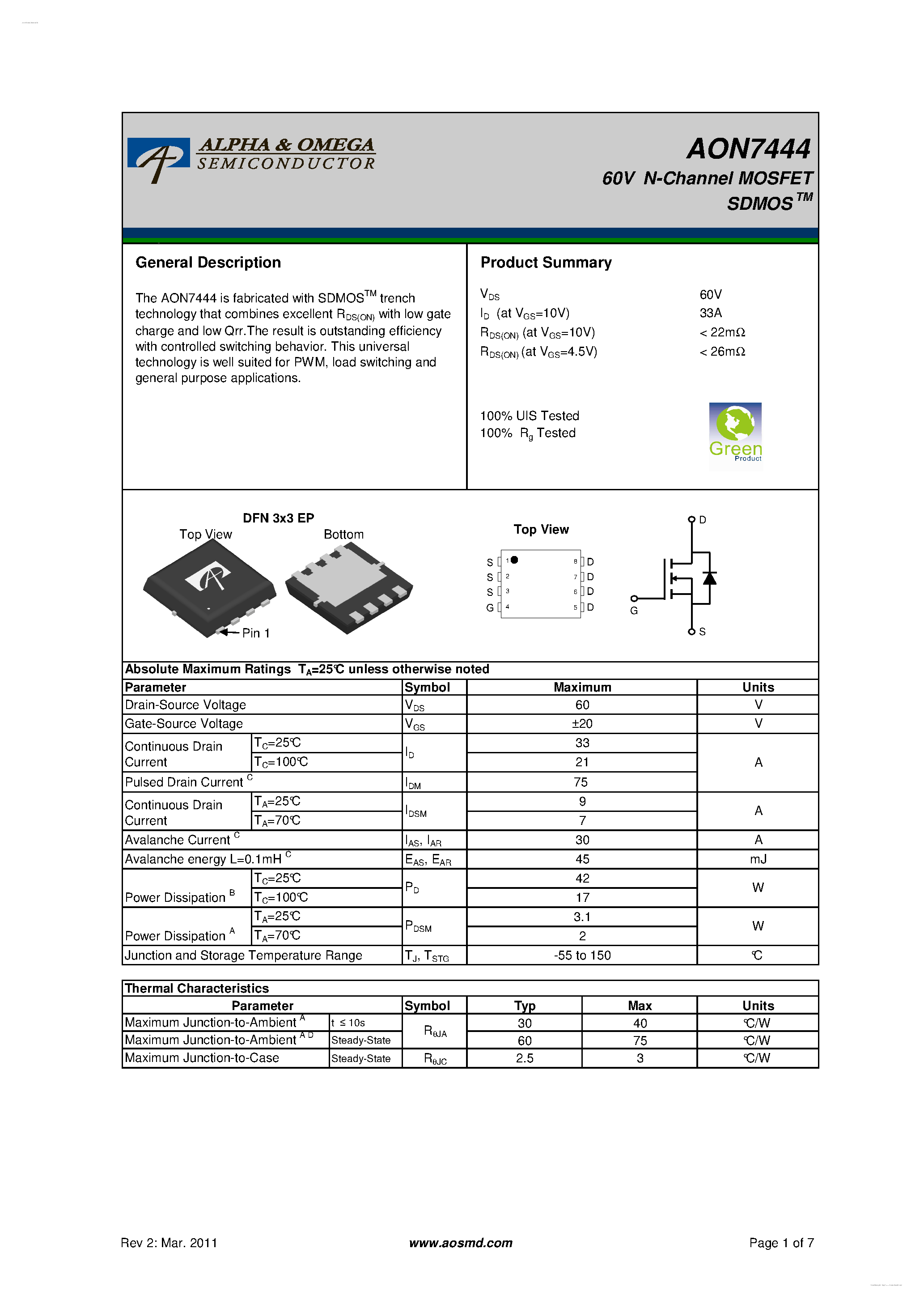 Даташит AON7444 - 60V N-Channel MOSFET страница 1