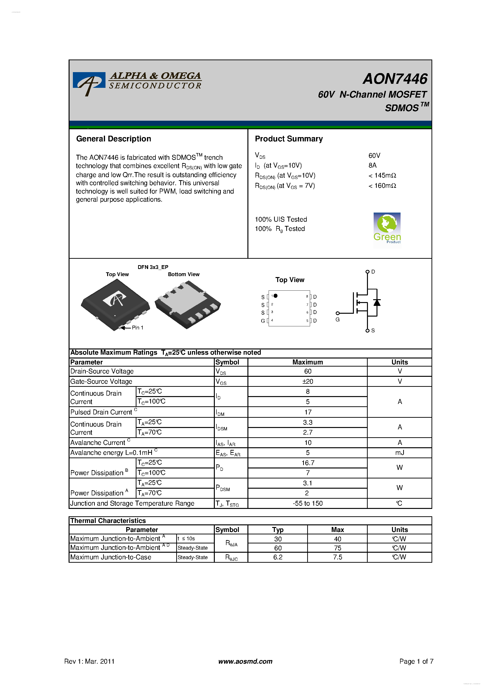 Даташит AON7446 - 60V N-Channel MOSFET страница 1