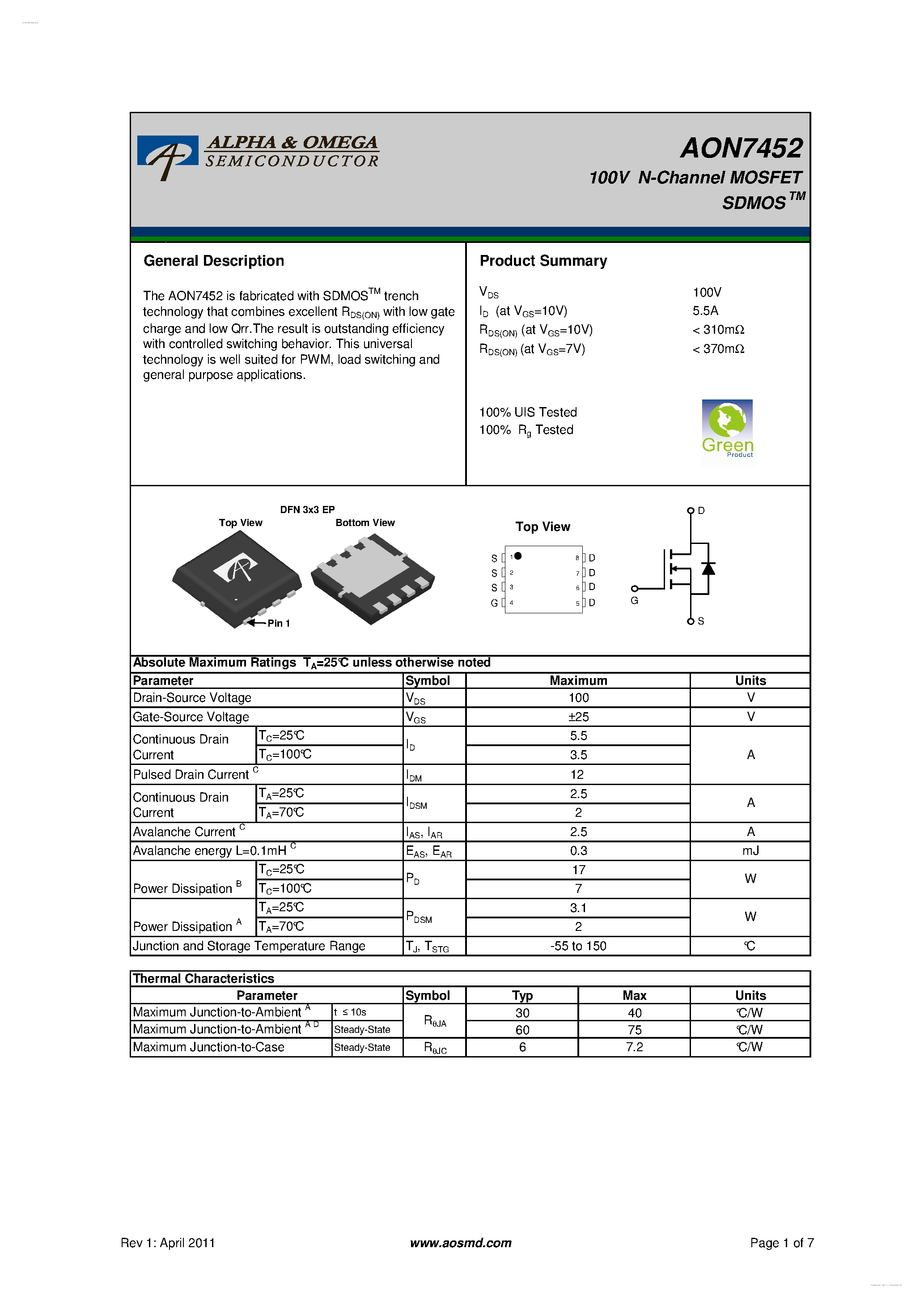 Даташит AON7452 - 100V N-Channel MOSFET страница 1