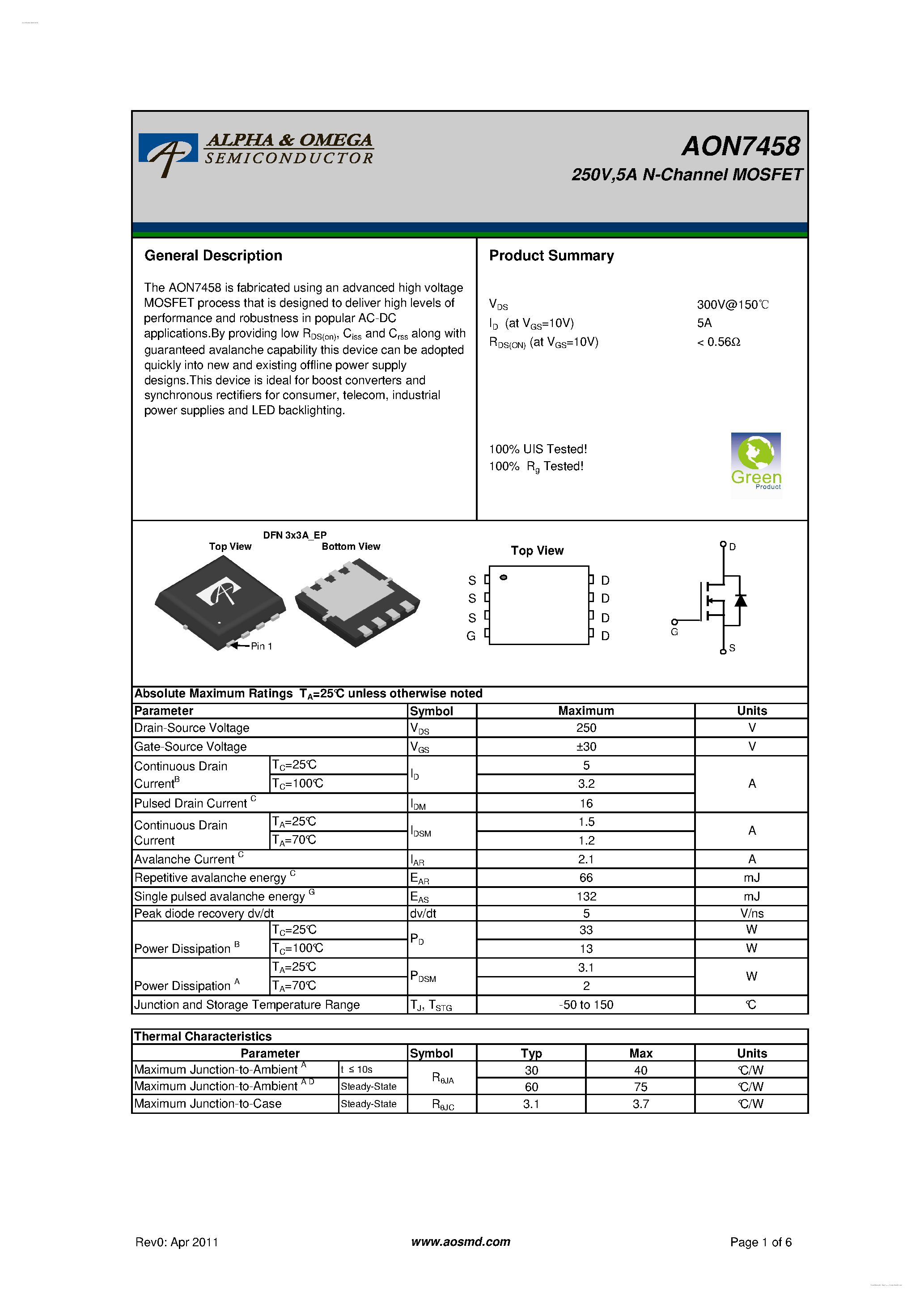 Даташит AON7458 - 250V N-Channel MOSFET страница 1